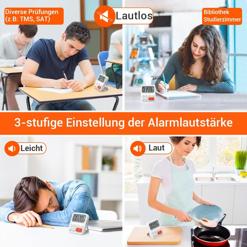 Vier Szenen zeigen Timer: Prüflinge, Lernende, Schlafender, Kochende. Lautstärken sind einstellbar.