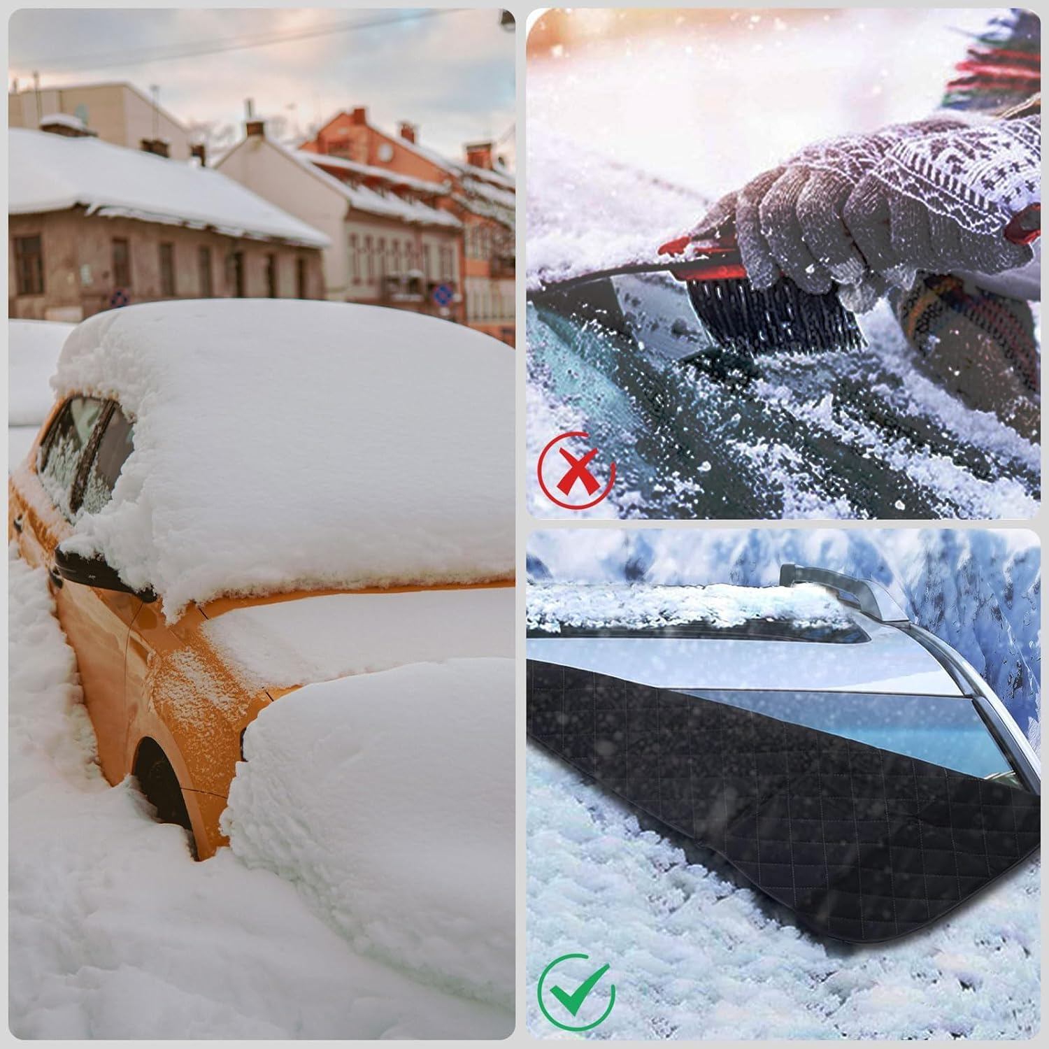 Auto im Schnee. Scheibenreinigungsmethode mit rotem Kreuz und mit grünem Haken.