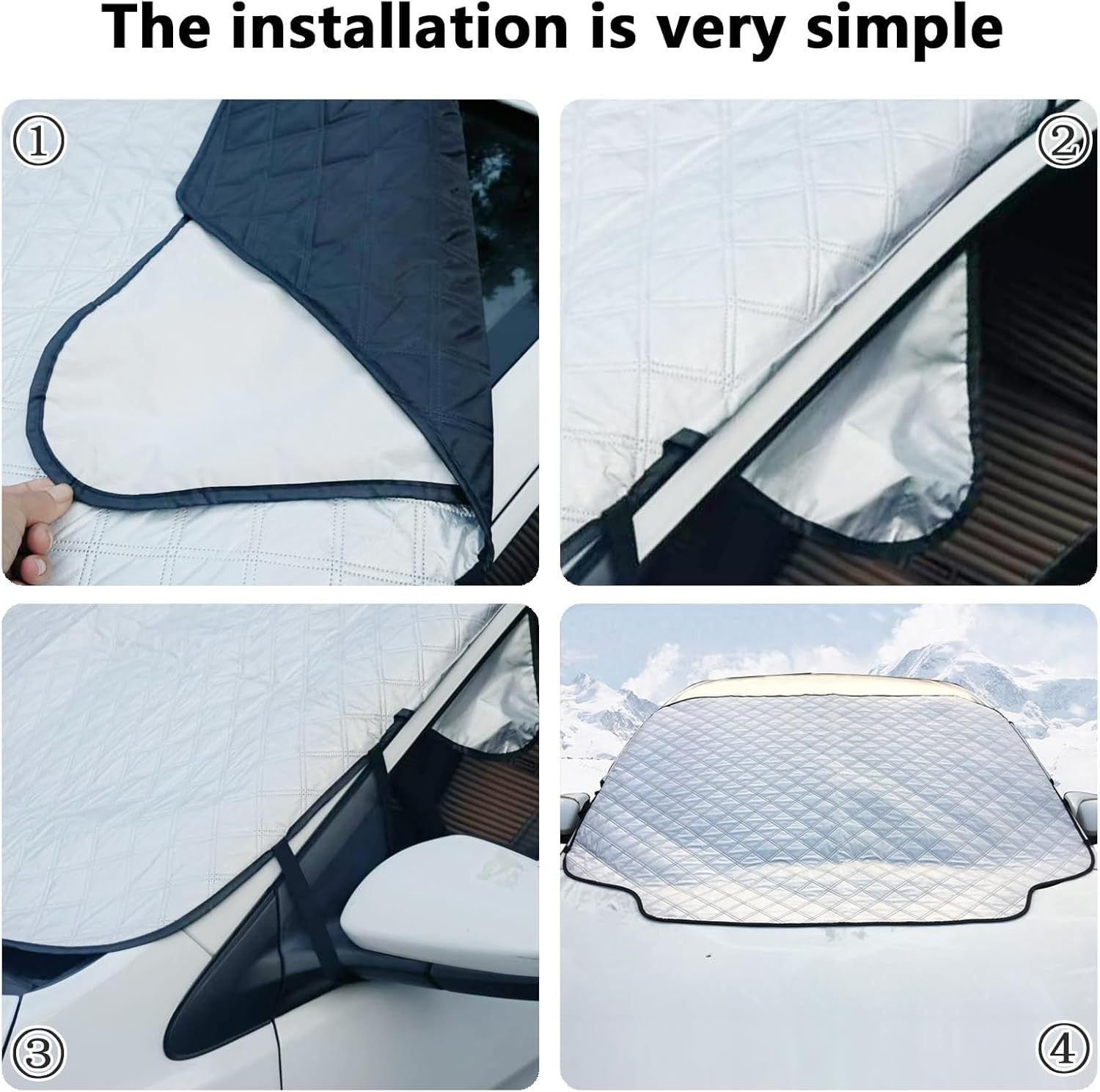 Auto-Windschutzscheibenschutz im Installationsprozess. Vier Bilder zeigen die Anbringung.