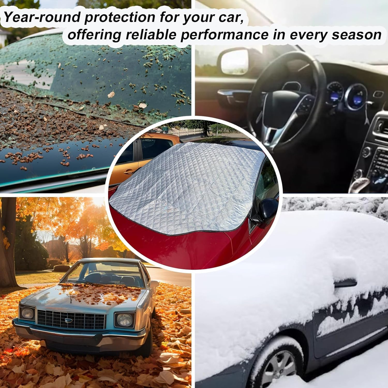 Collage von Autos in verschiedenen Jahreszeiten: schmutzige Windschutzscheibe, Autoinnenraum, Herbstlaub, Schnee.
