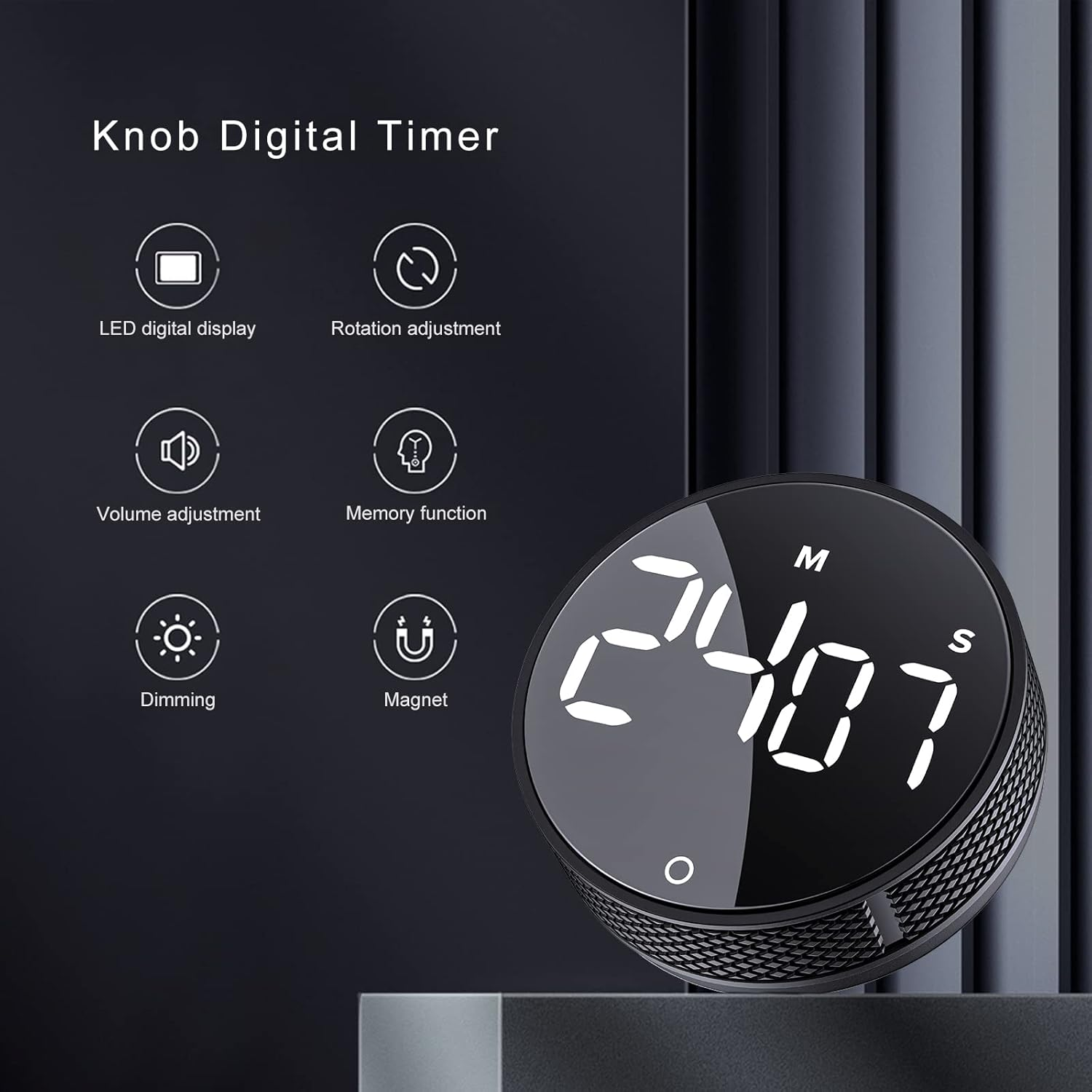 Ein schwarzer digitaler Timer mit LED-Anzeige, der 24:07 anzeigt.