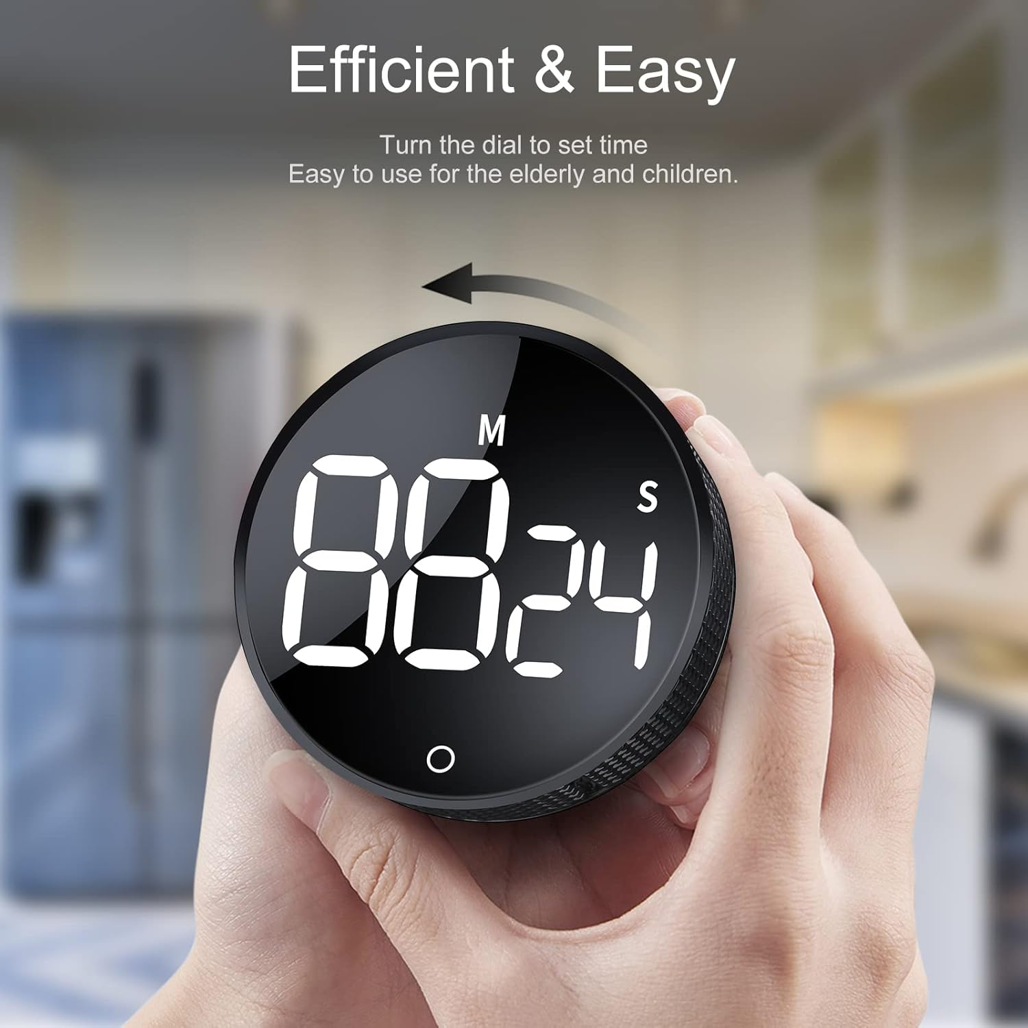 Ein runder digitaler Timer mit weißen Zahlen auf schwarzem Bildschirm, von Händen gehalten.