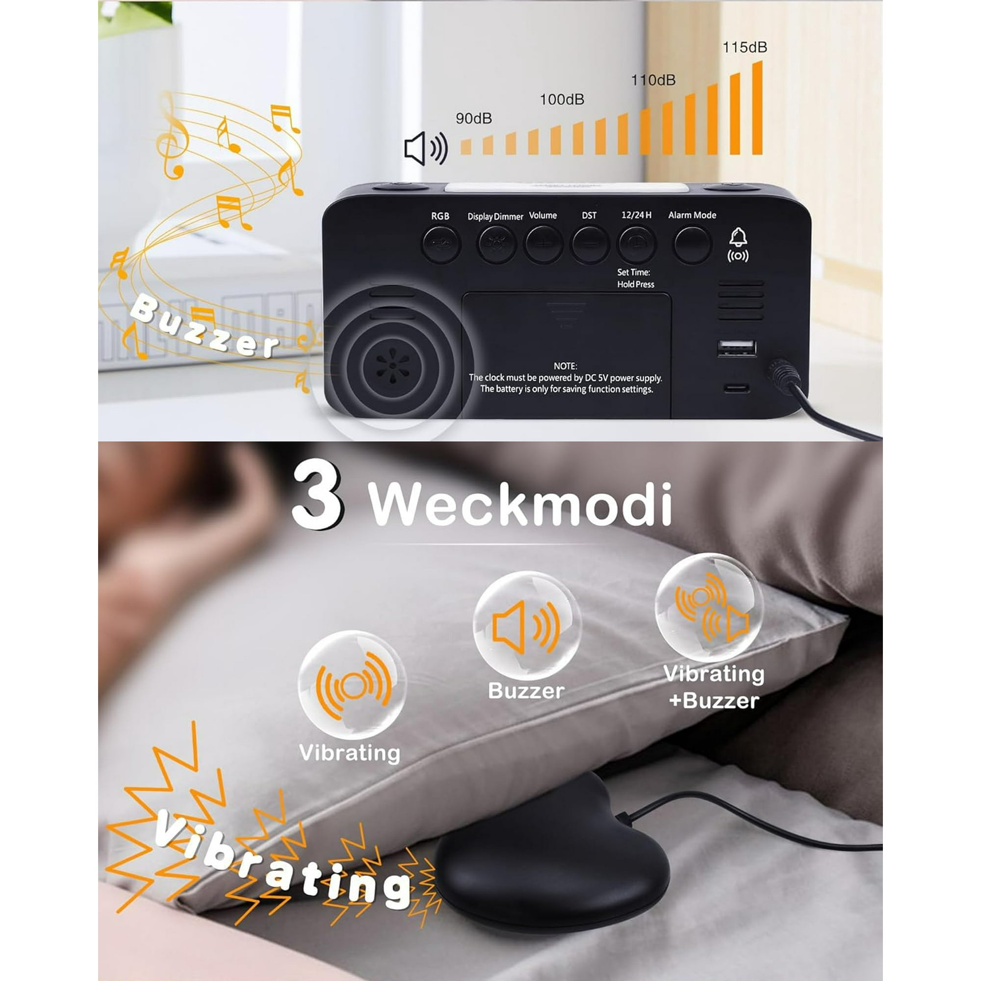 Digitaluhr mit Vibrations- und Buzzer-Alarmoptionen über einen externen Wecker.