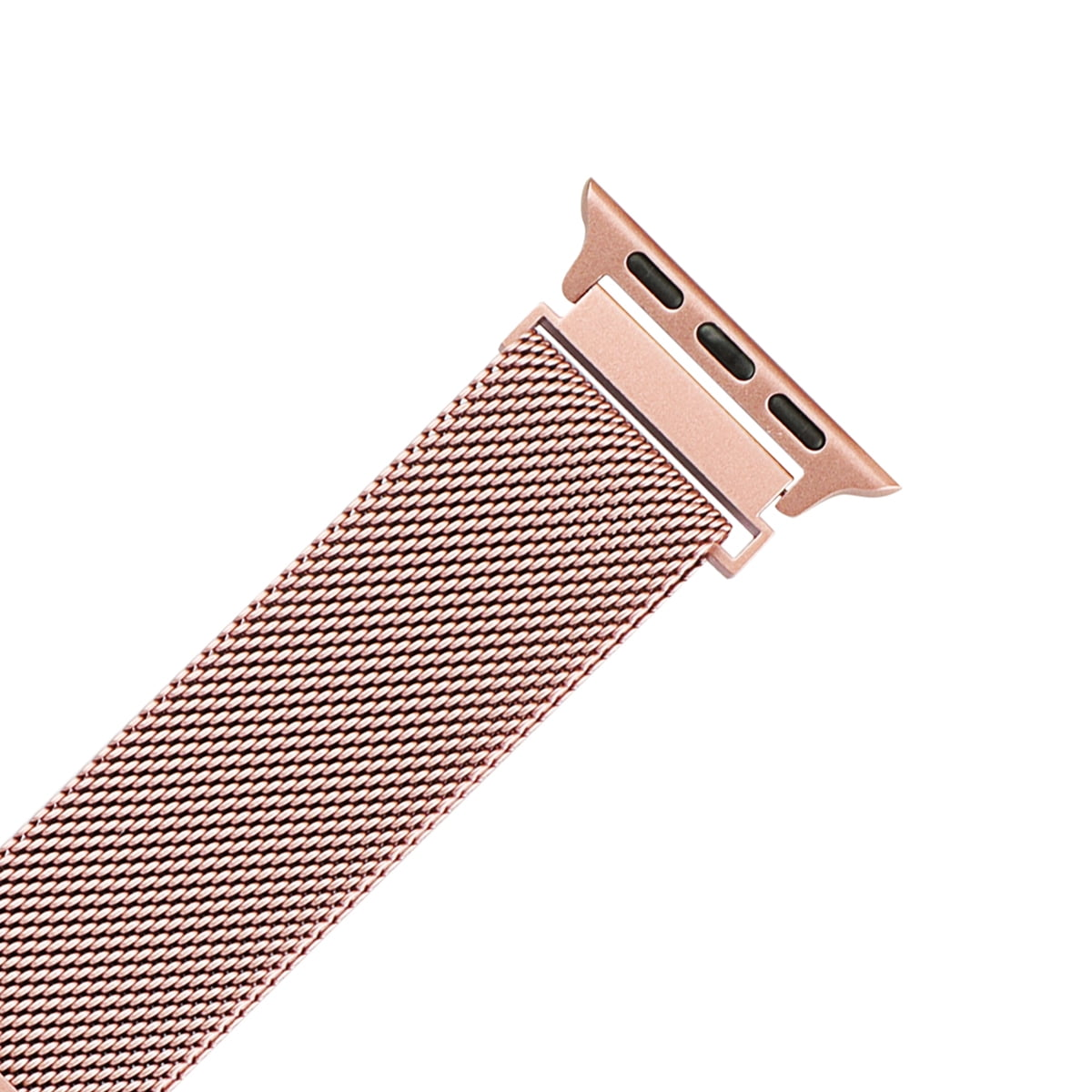 Roségoldenes Netzarmband mit Adapter für eine Smartwatch.