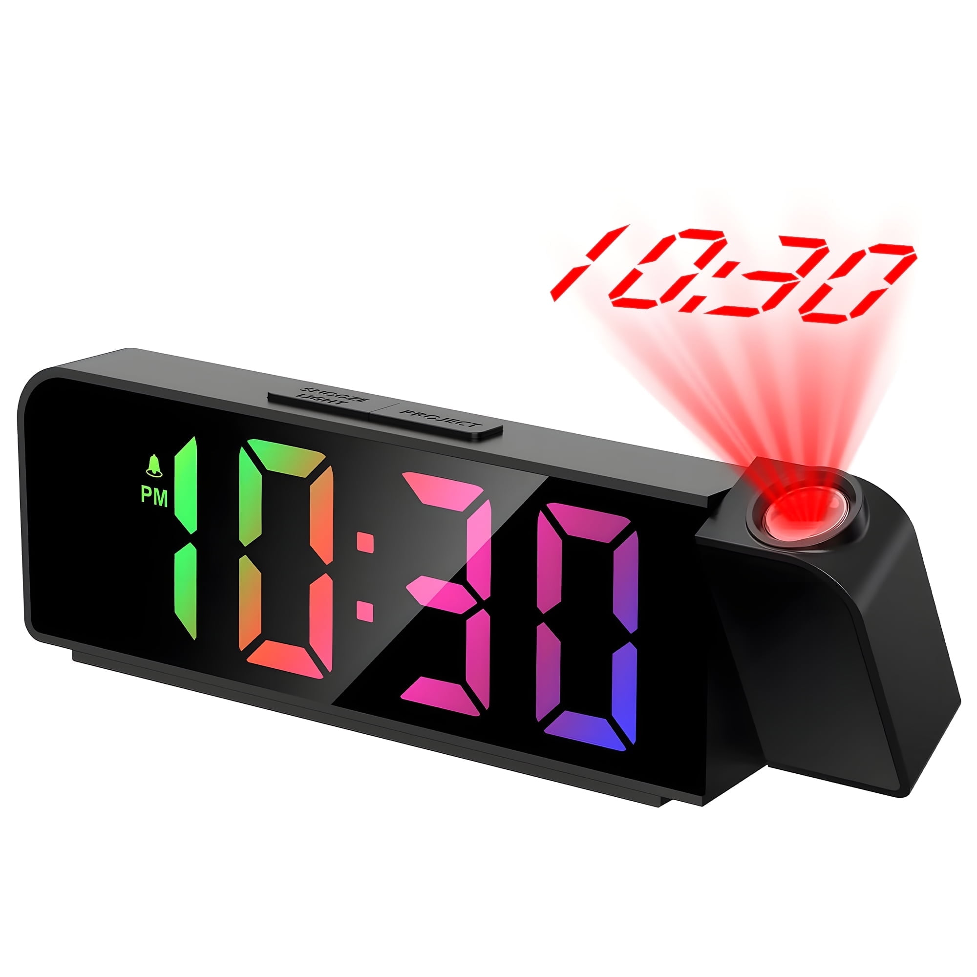 Ein schwarzer Digitalwecker projiziert die rote Zeit 10:30 an die Wand.