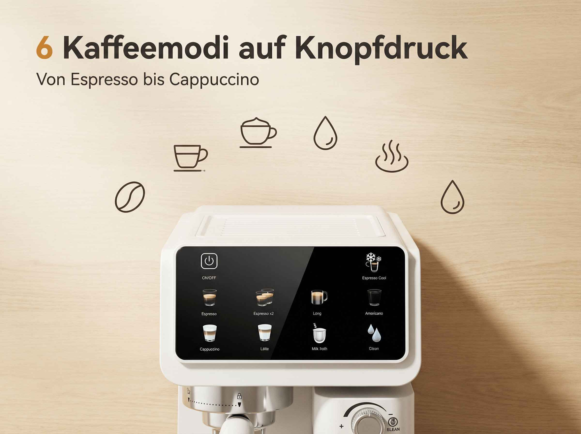 Weiße Kaffeemaschine mit Touchscreen-Display, das verschiedene Kaffeeoptionen anzeigt.
