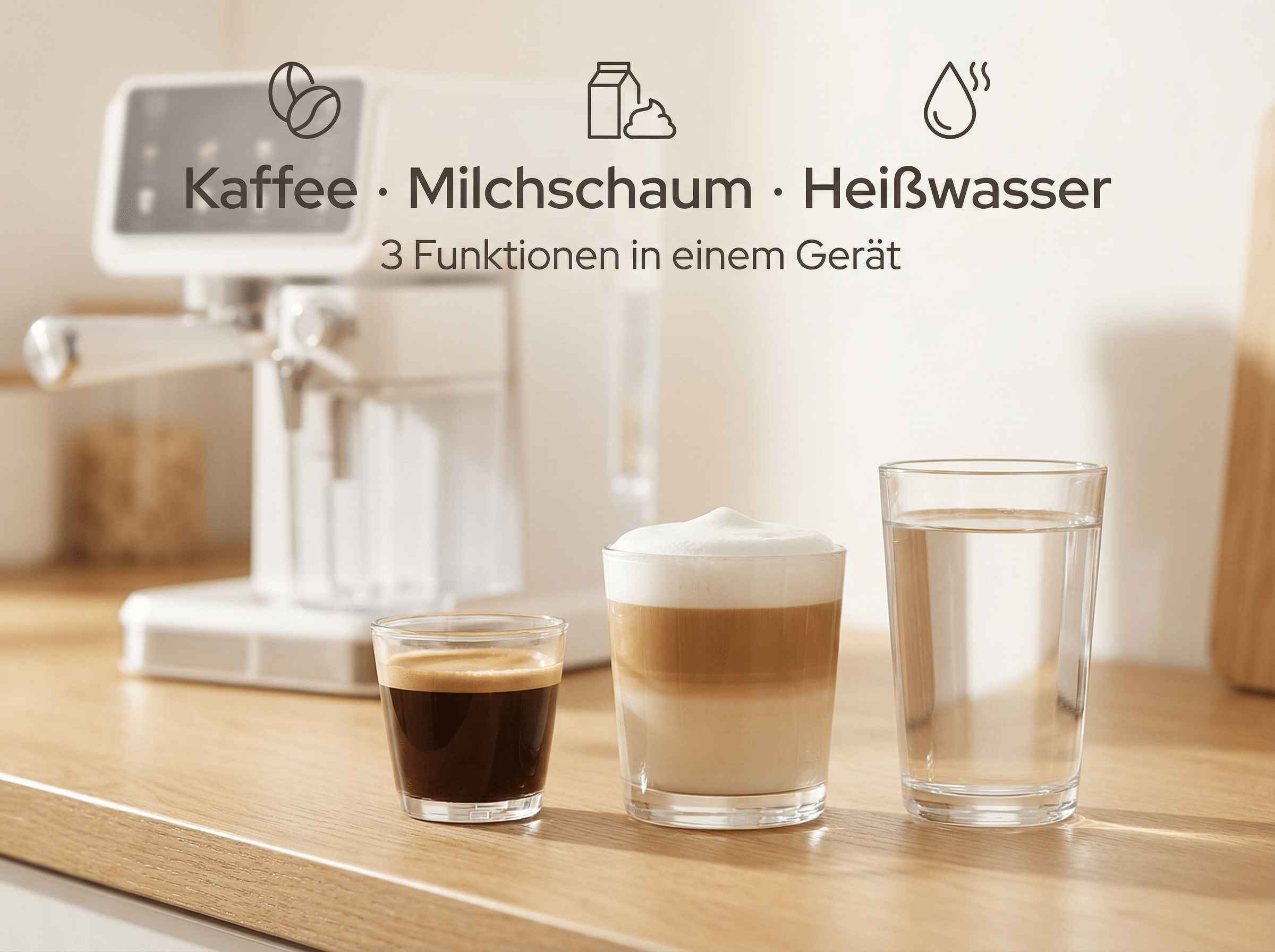 Kaffeemaschine mit drei Gläsern: Espresso, Latte und Wasser.