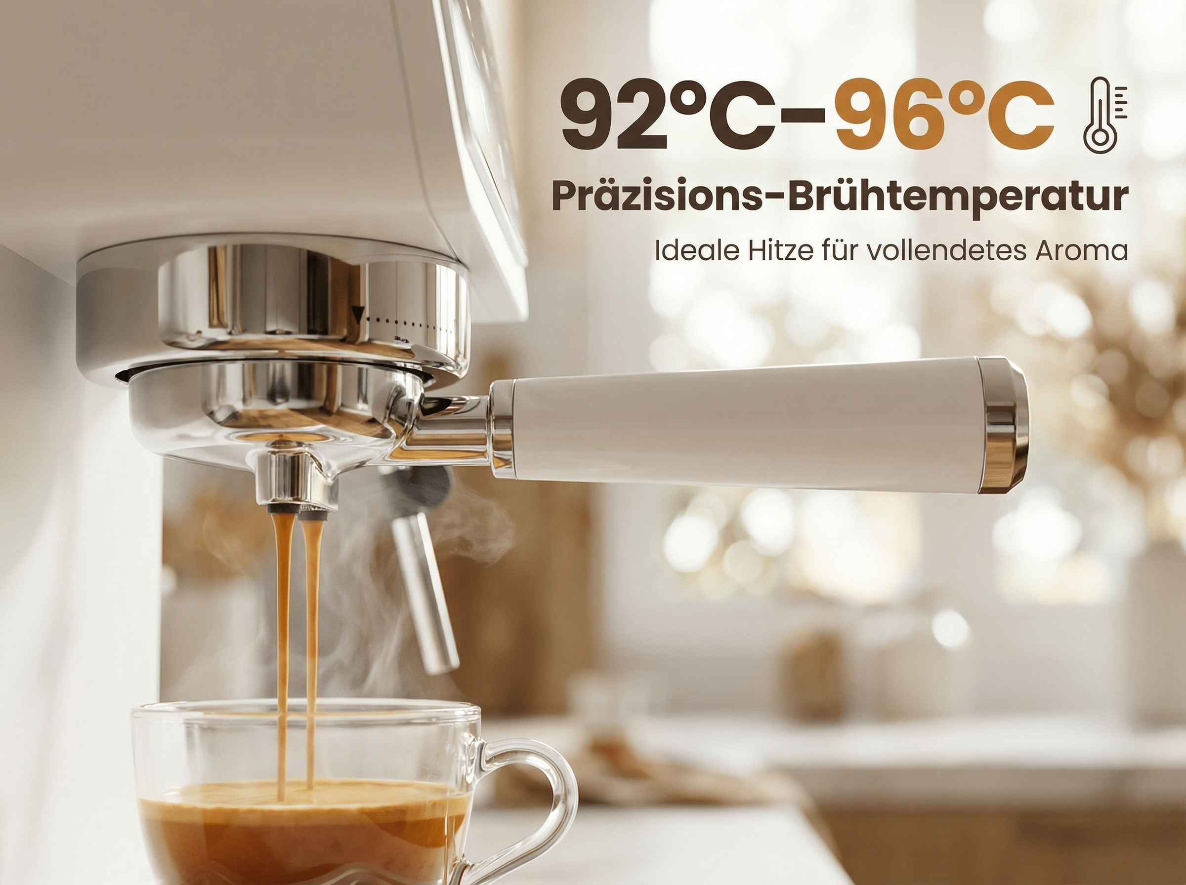 Espressomaschine brüht Kaffee in eine Glas Tasse bei 92-96°C.