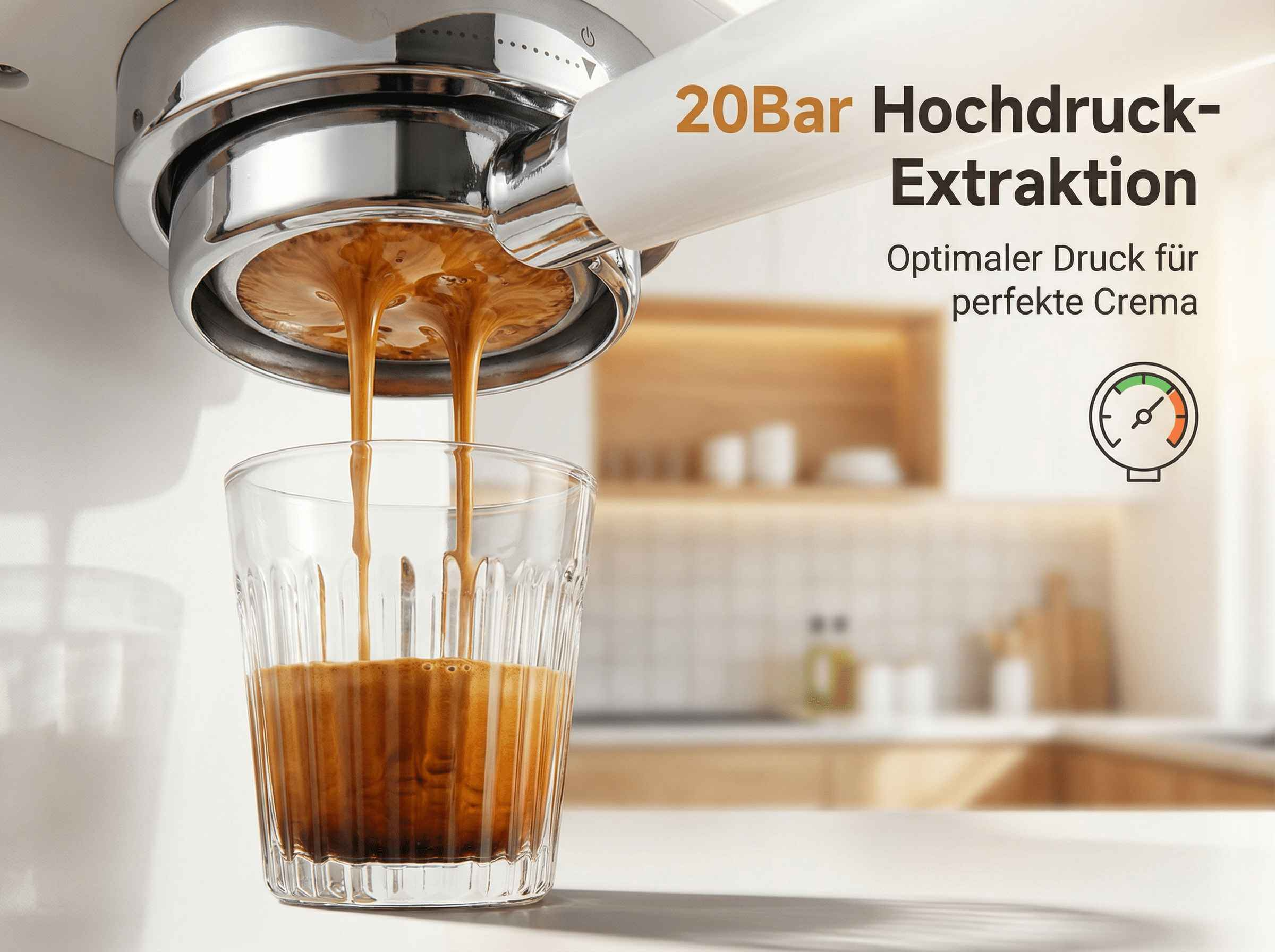 Espresso fließt aus einer Kaffeemaschine in ein Glas.