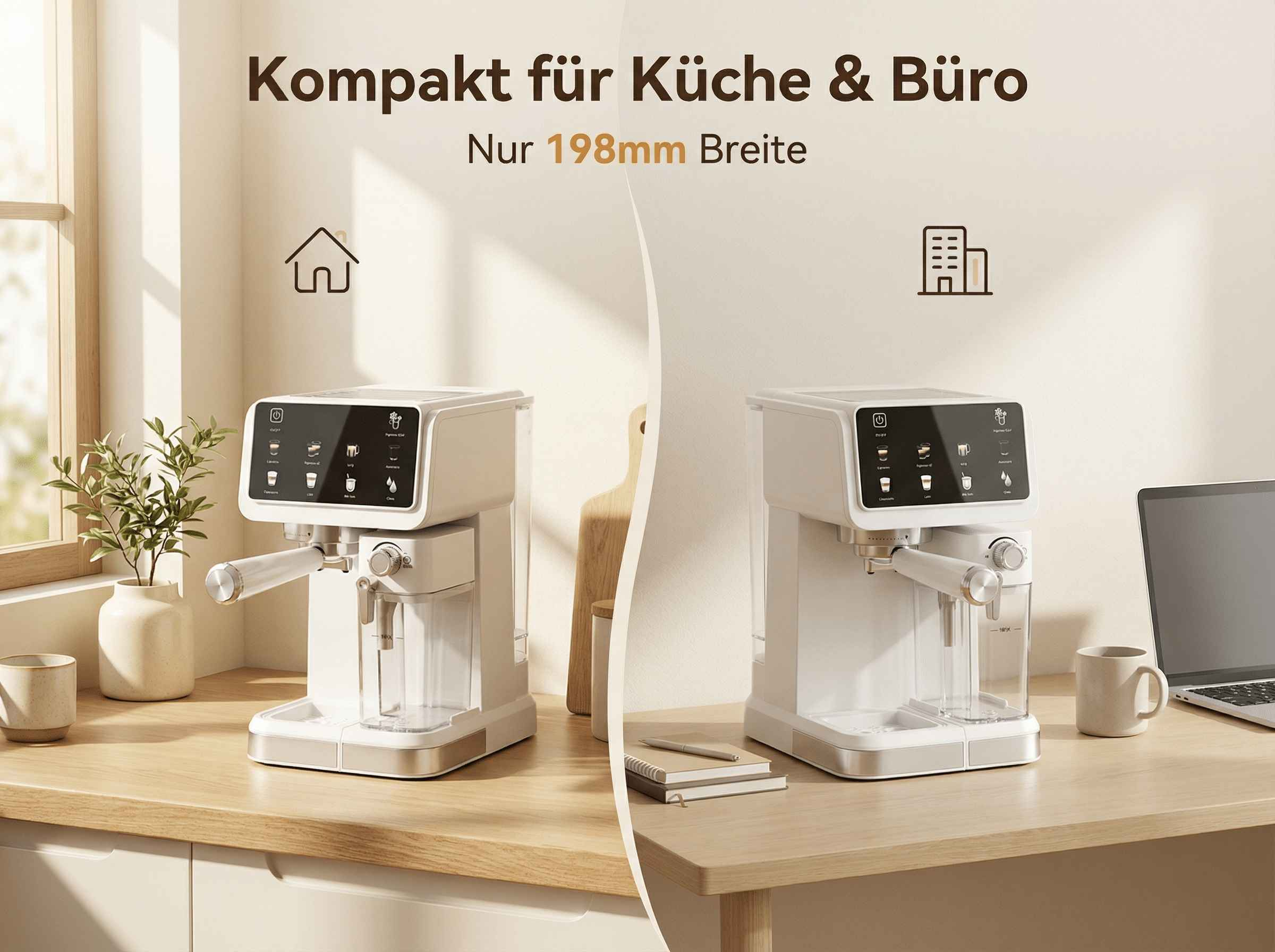 Kompakte weiße Kaffeemaschine mit digitalem Display, neben einer Pflanze und Tasse.
