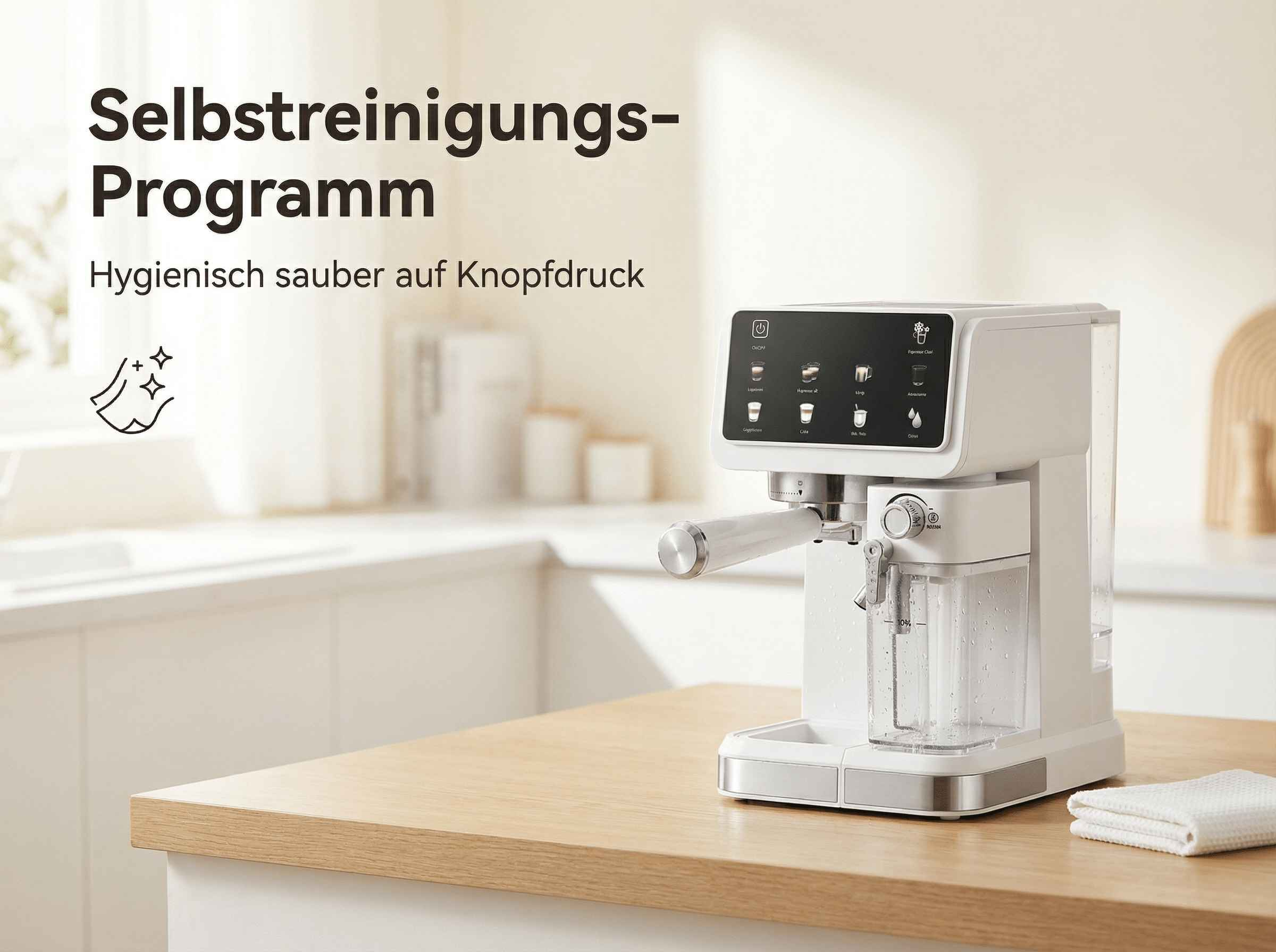 Eine weiße Kaffeemaschine mit Touchscreen steht auf einem Holztisch.