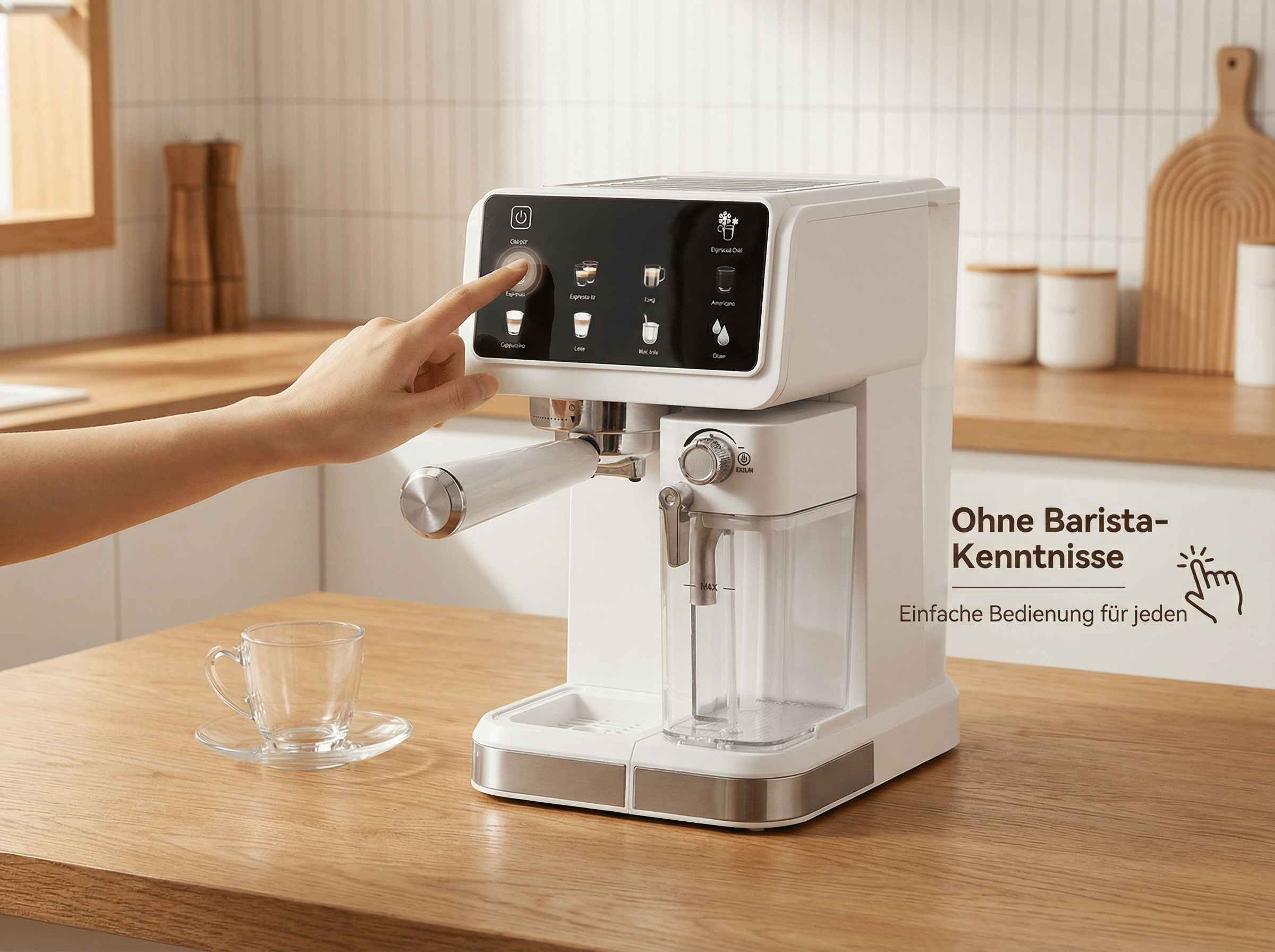 Eine weiße Kaffeemaschine mit Touchscreen-Bedienfeld und einer Tasse daneben.