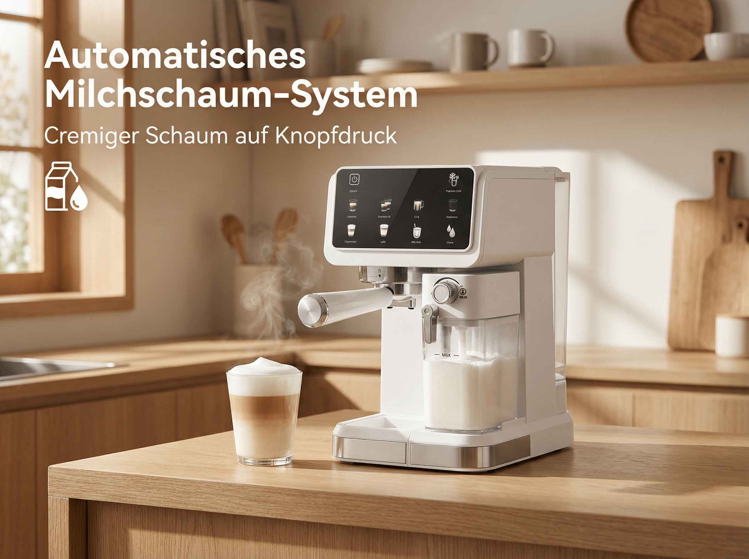 Weiße Kaffeemaschine mit Milchbehälter und einem Glas Latte Macchiato.