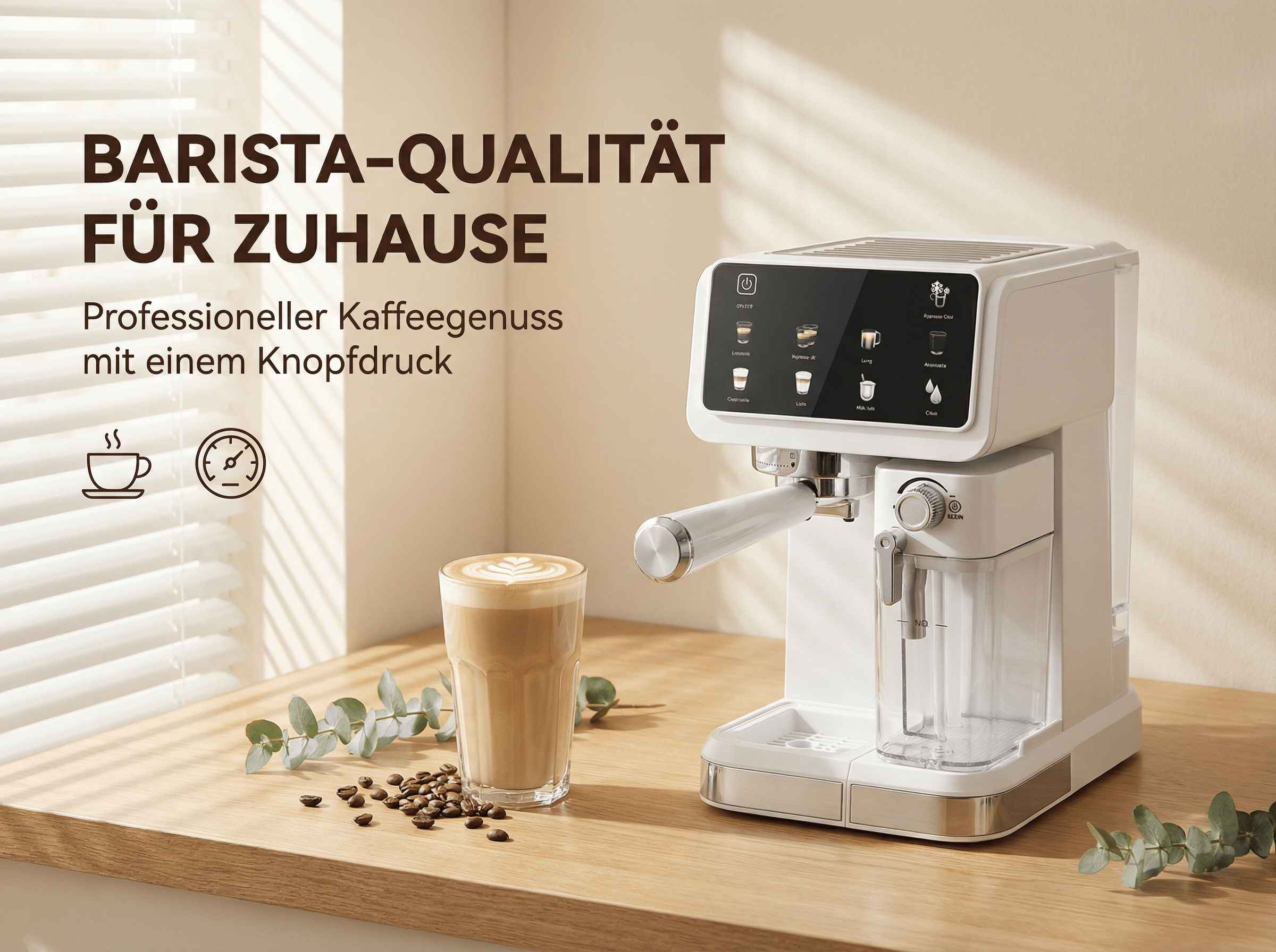 Eine weiße Kaffeemaschine steht auf einem Holztisch mit einem Latte Macchiato daneben.