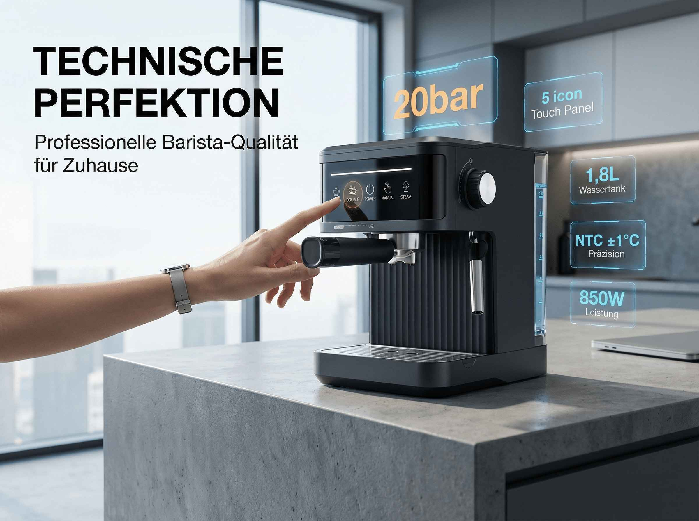 Eine schwarze Kaffeemaschine mit Touchpanel, 20bar Druck und 1,8L Wassertank.