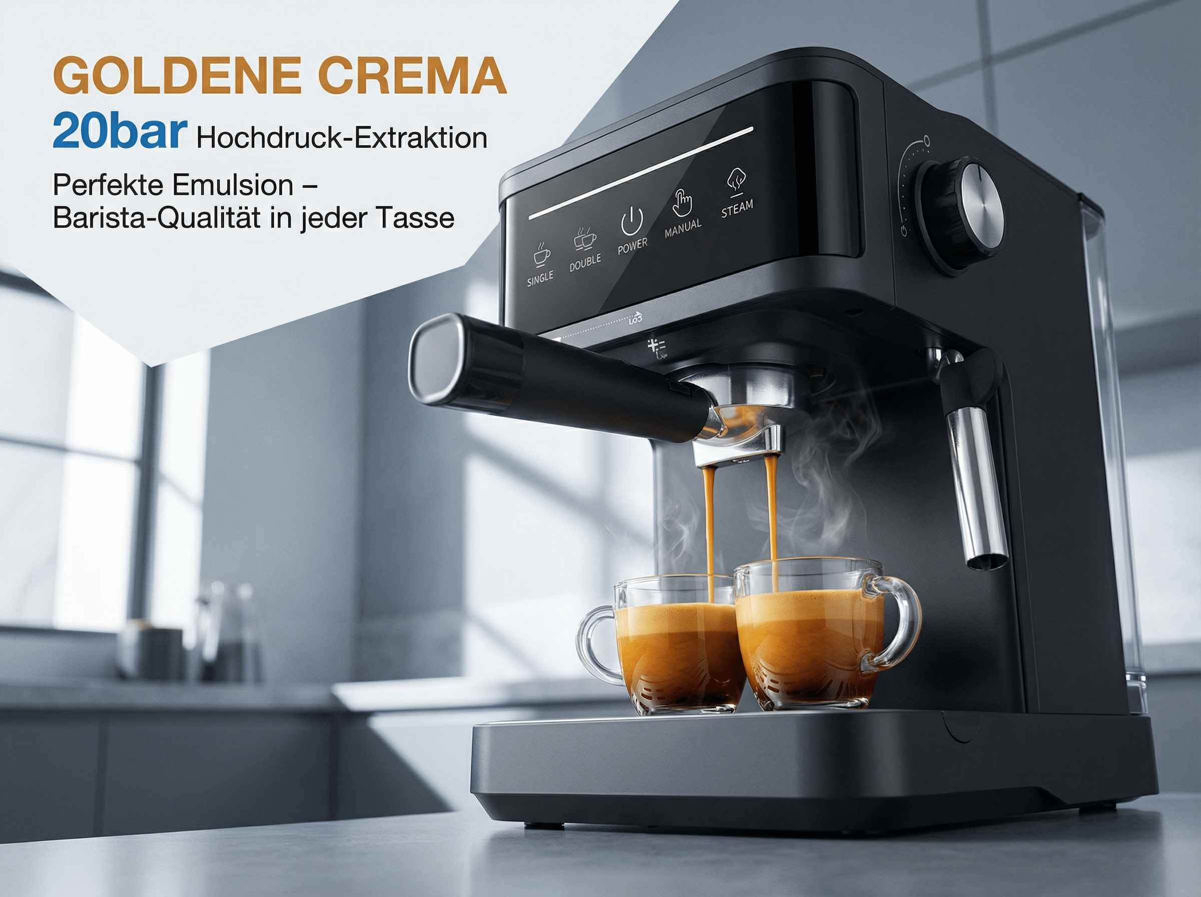 Eine Espressomaschine brüht zwei Tassen Kaffee mit Crema. Dampf steigt auf.