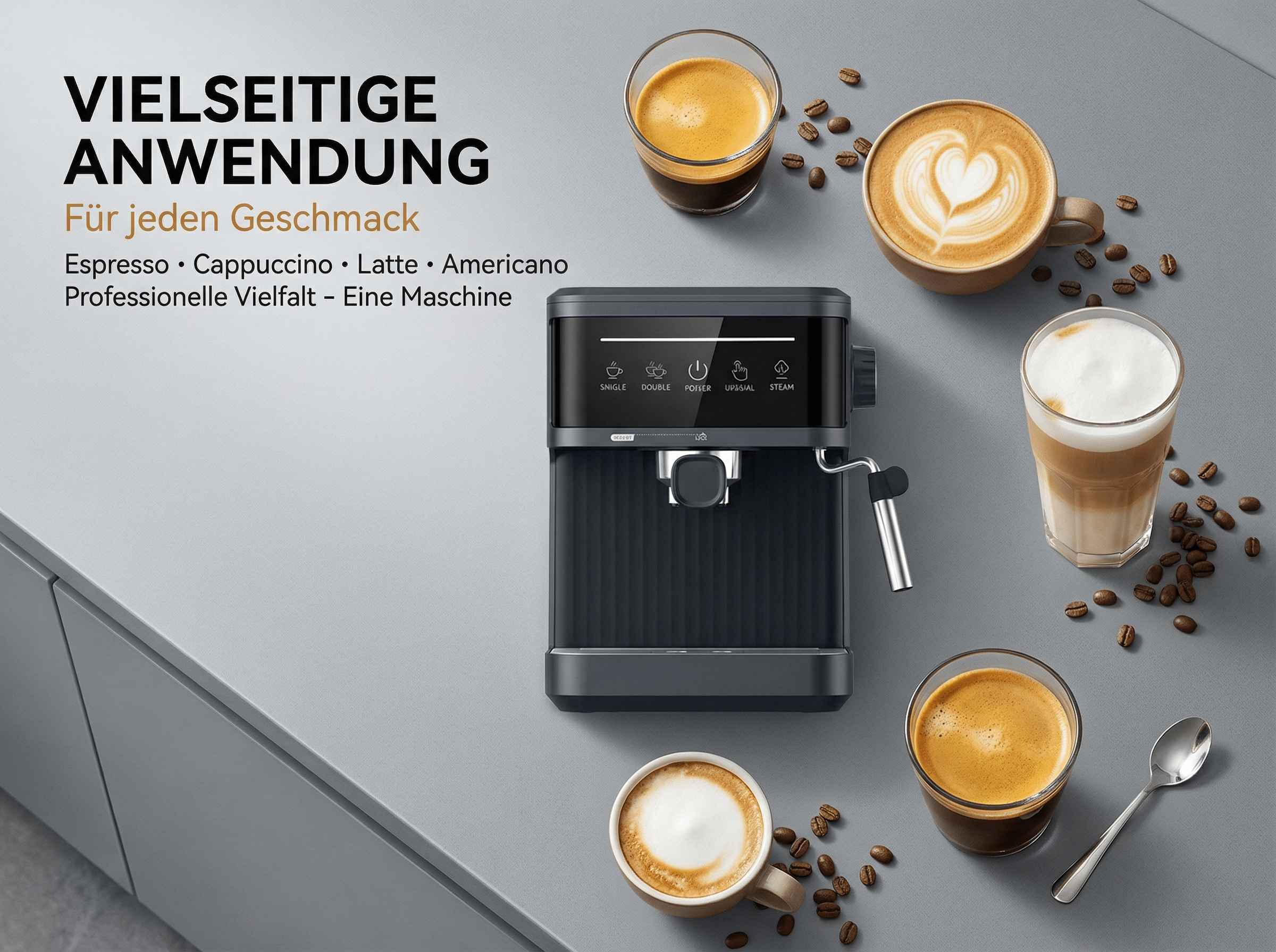 Kaffeemaschine mit verschiedenen Kaffeesorten und Kaffeebohnen.