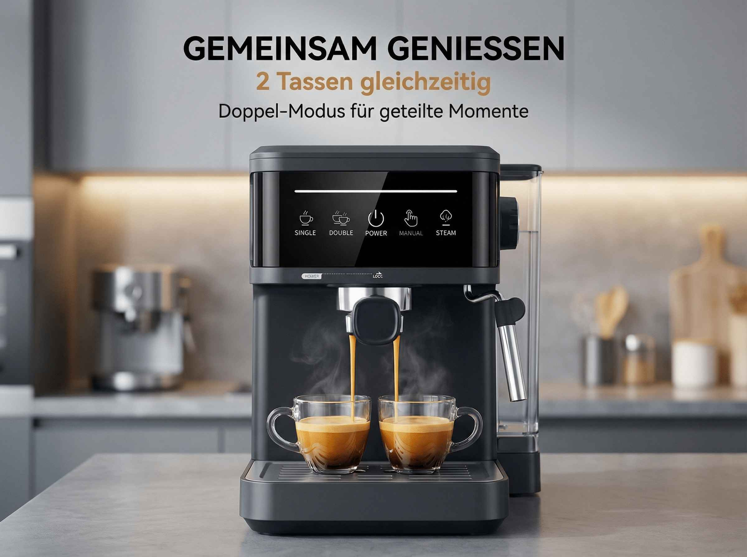 Kaffeemaschine brüht zwei Espressi in Glasbecher. Digitale Anzeige zeigt Optionen.