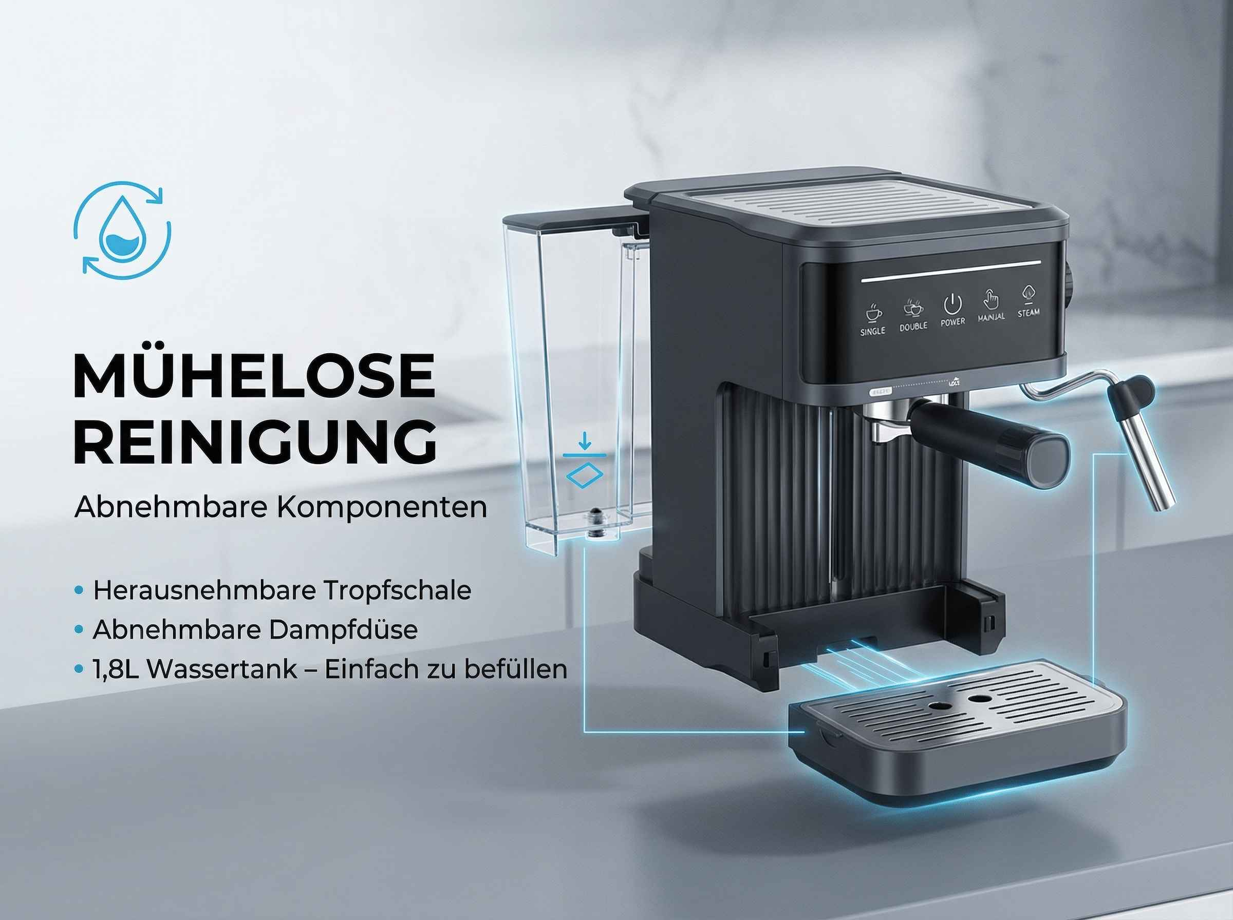Schwarze Kaffeemaschine mit abnehmbarem Wassertank und Tropfschale.