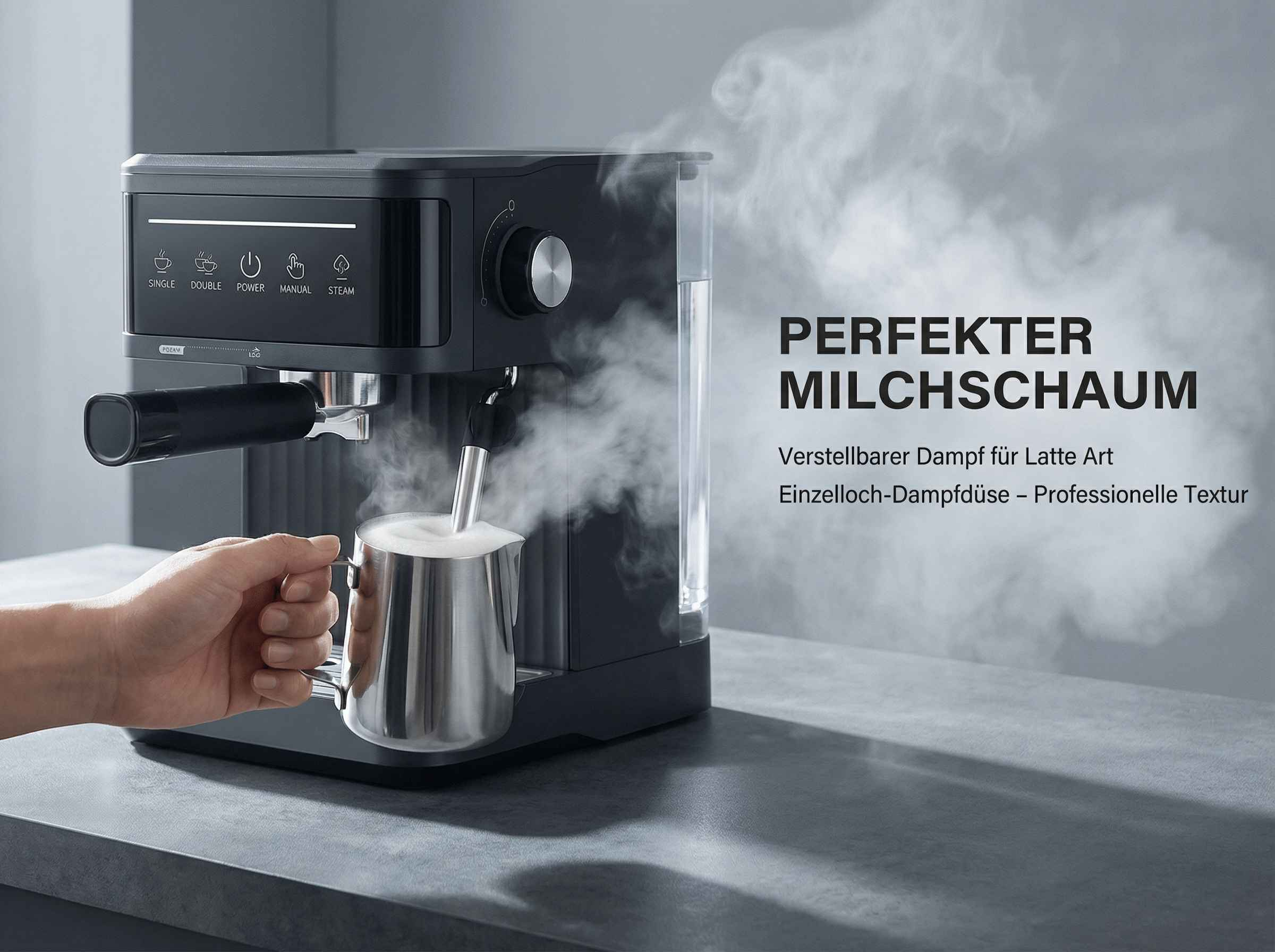 Eine Hand hält einen Milchbehälter unter einer Dampfdüse einer Kaffeemaschine.