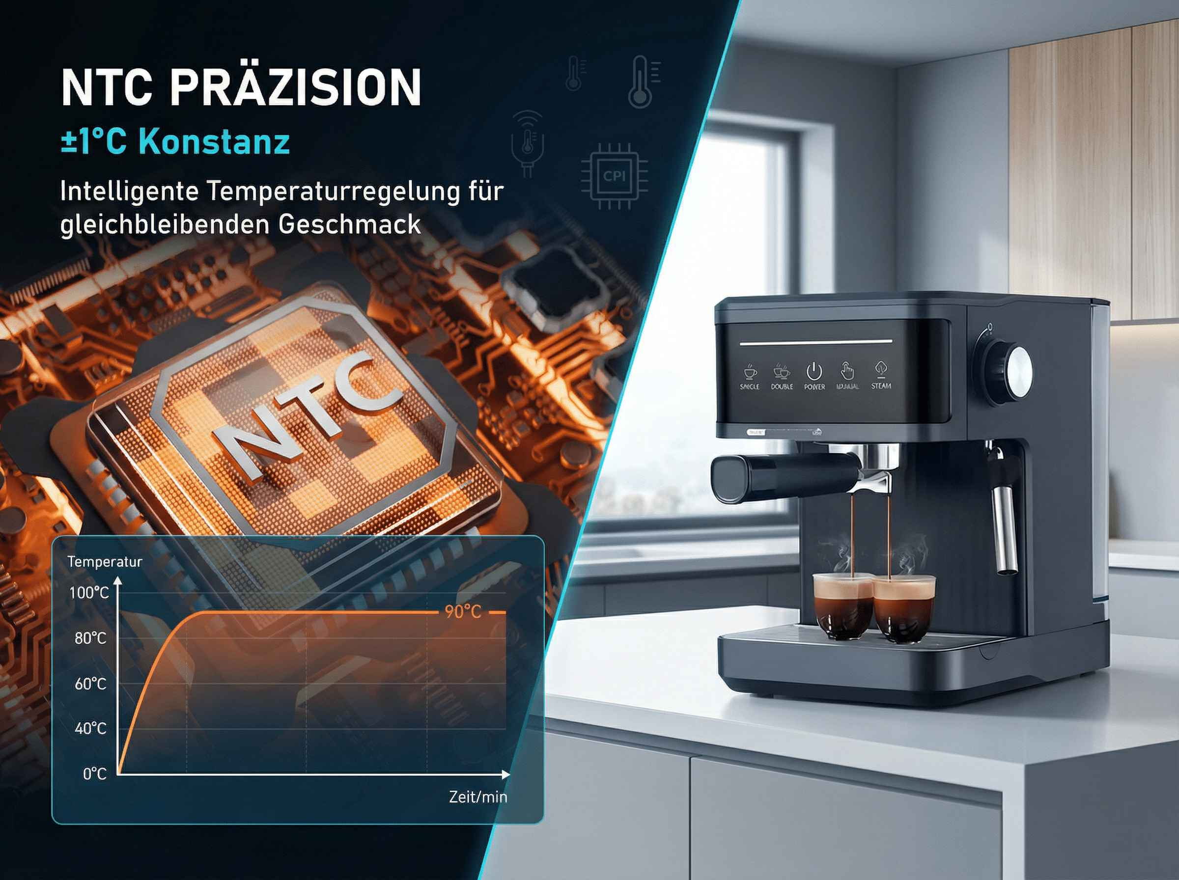 Kaffeemaschine mit NTC-Präzision und Temperaturregelung, die zwei Espressos zubereitet.