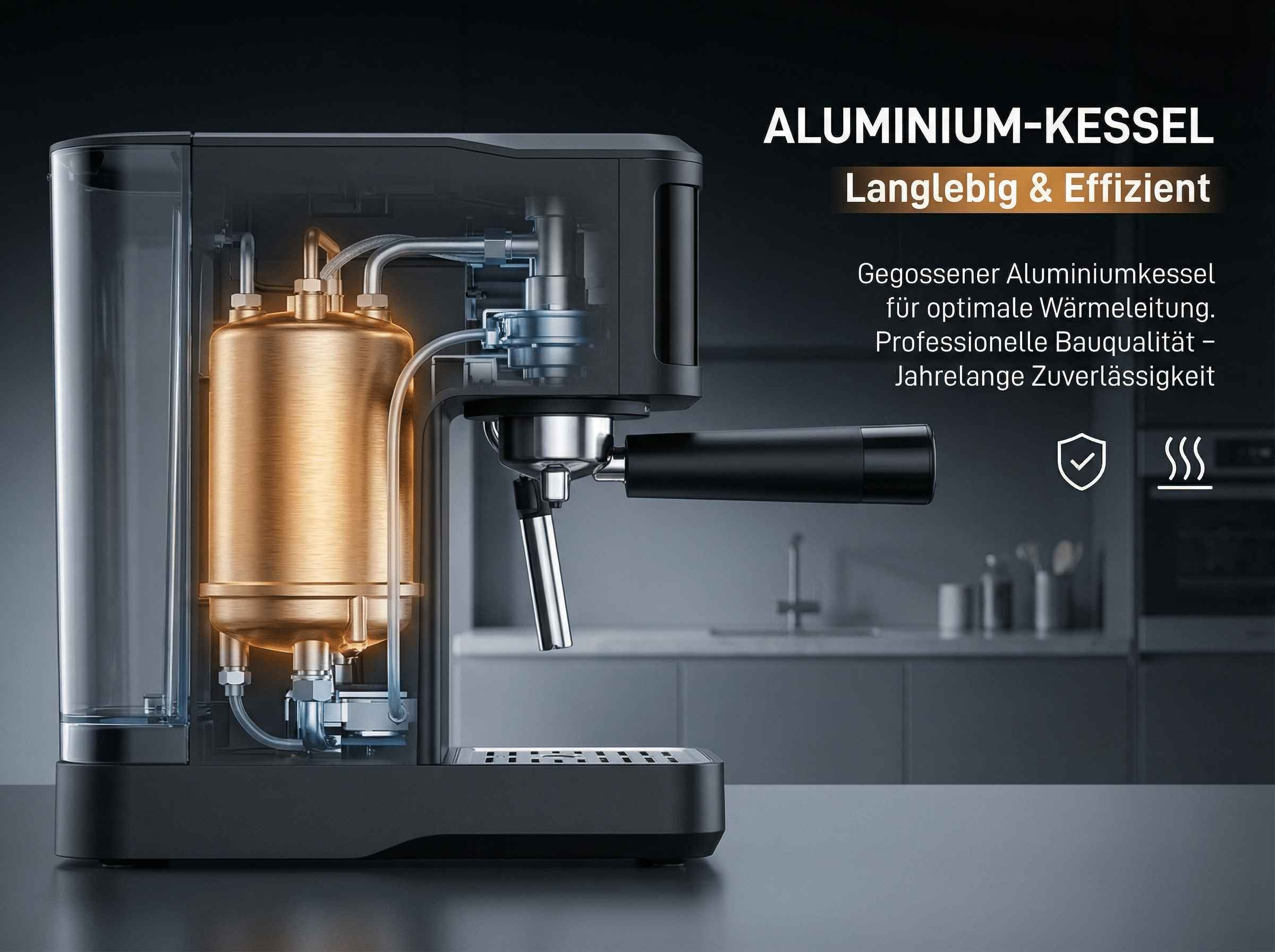 Schnittansicht einer Espressomaschine mit Fokus auf den Aluminiumkessel.