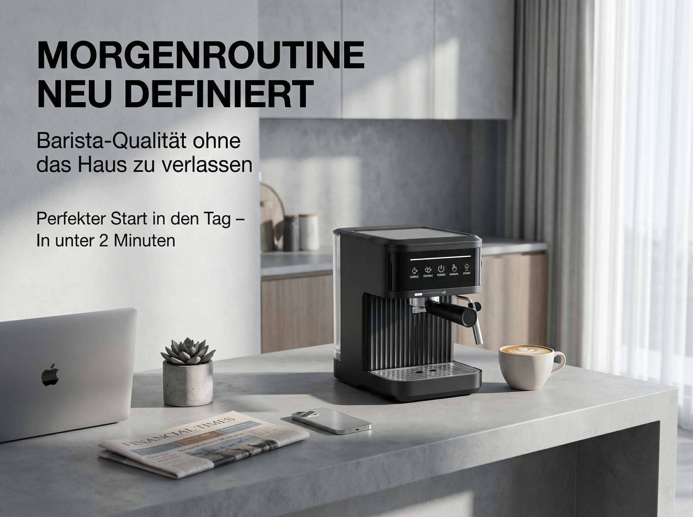 Schwarze Espressomaschine mit Kaffeetasse, Laptop, Pflanze und Zeitung.