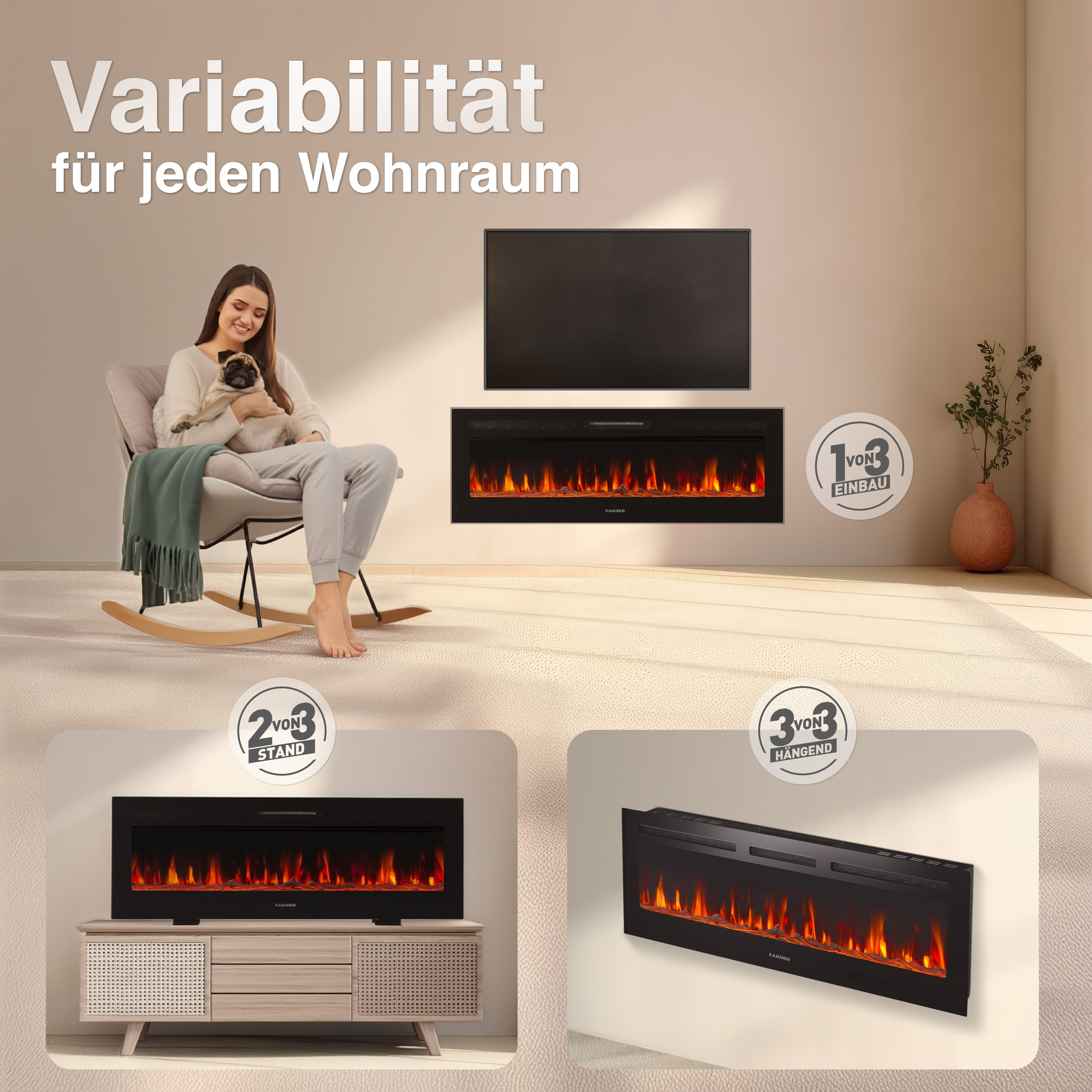 Ein Kaminfeuer, ein Hund und eine Frau in einem Sessel, sowie drei Installationsoptionen.