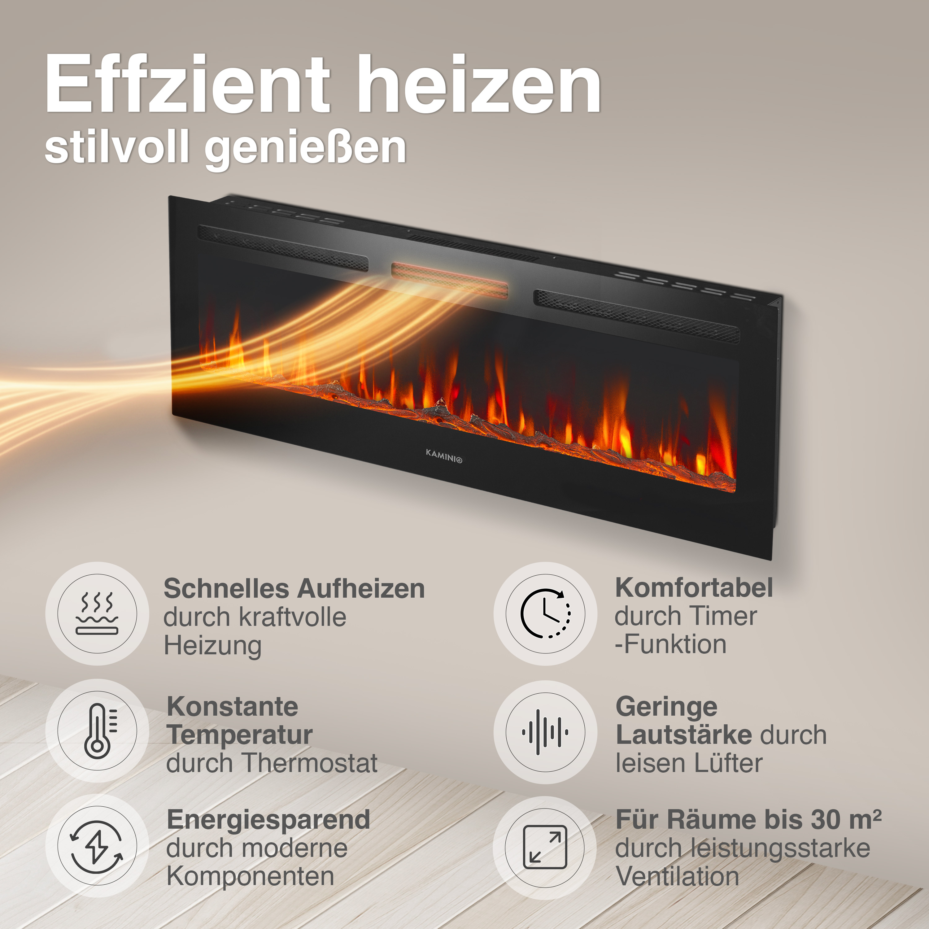 Moderner Elektrokamin mit Flammen- und Belüftungseffekt, detaillierten Merkmalen.