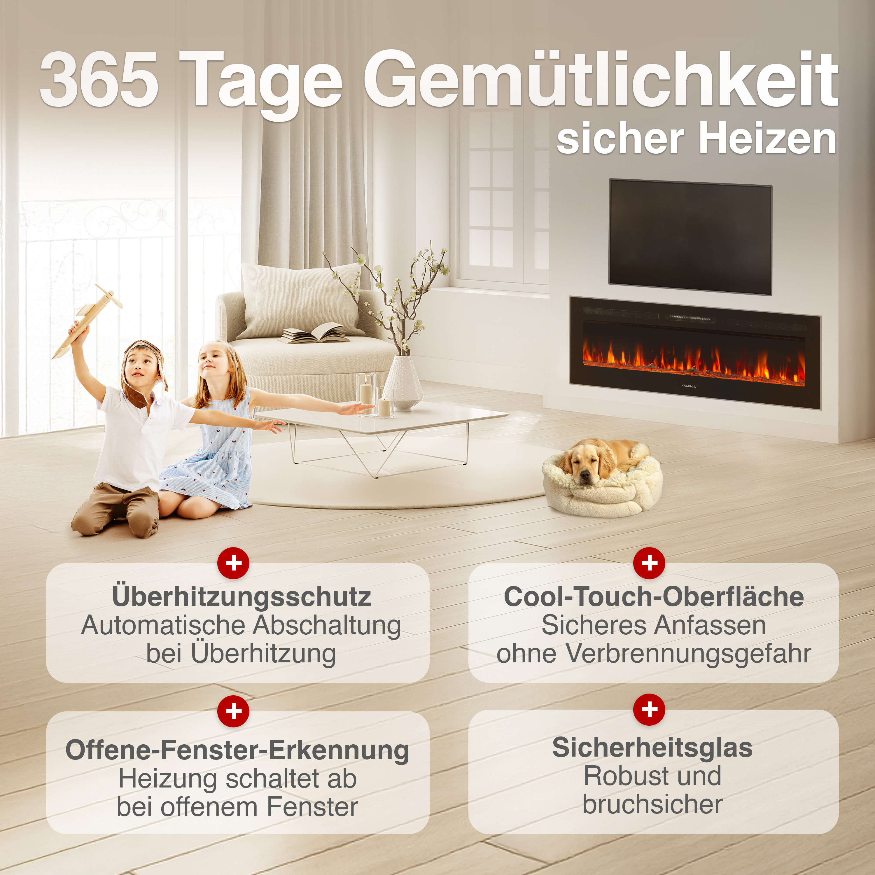 Kinder spielen mit Holzflugzeug, Hund schläft, moderner Kamin heizt.