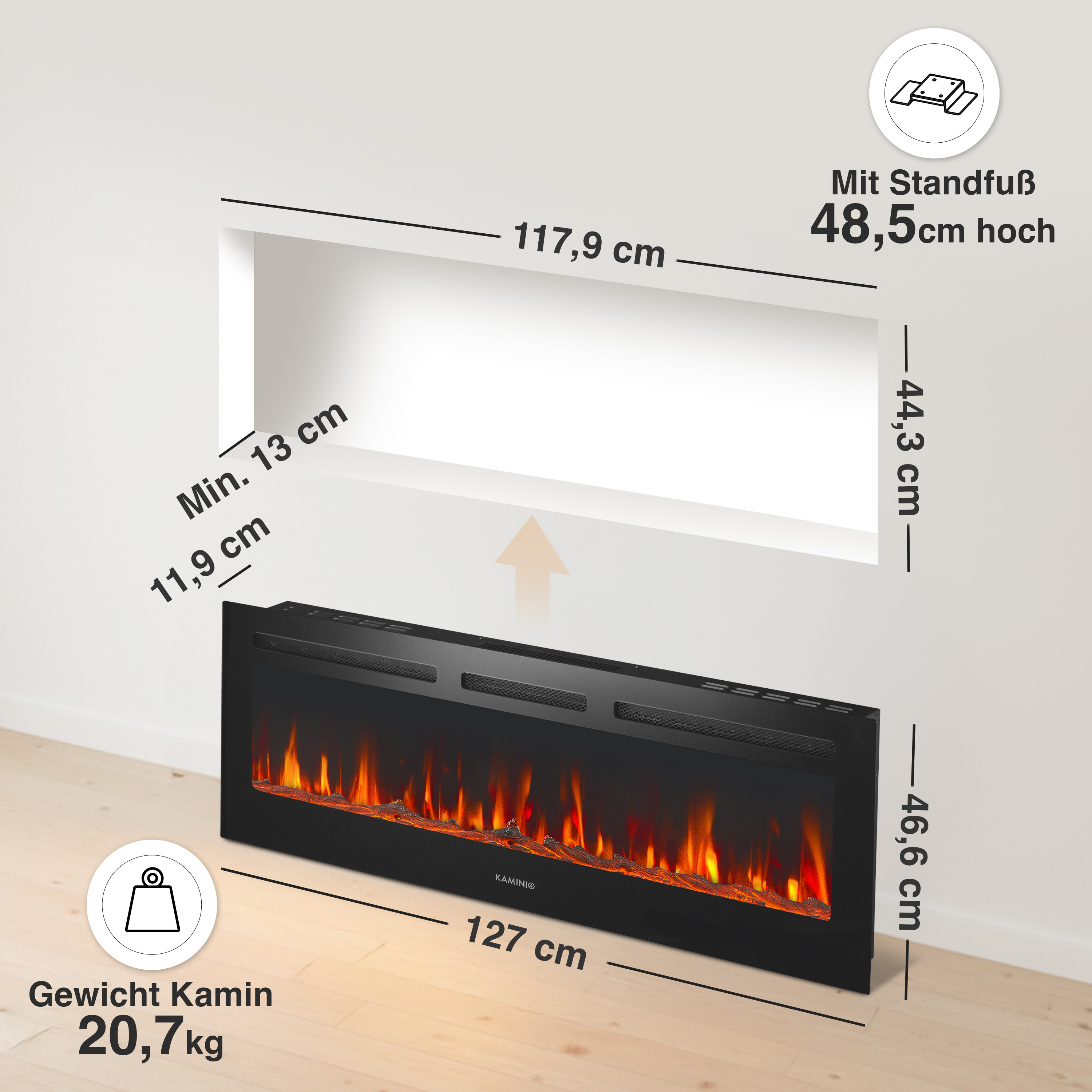 Schwarzer Elektrokamin mit Flammen-Effekt, Maße 127x46,6 cm.