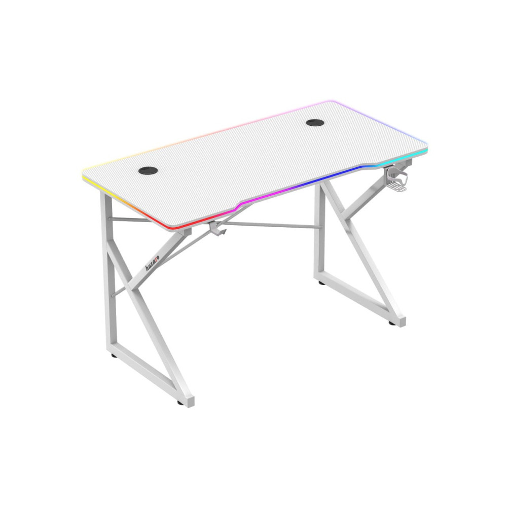 Białe biurko gamingowe z oświetleniem RGB i dwoma otworami na kable.