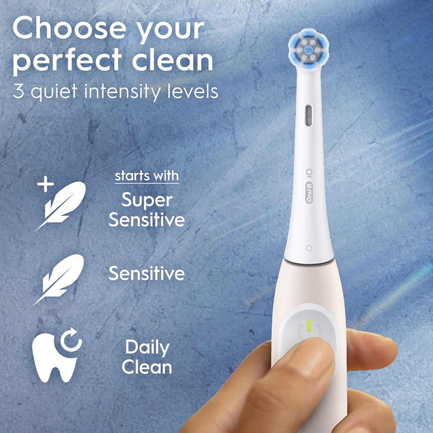 Cepillo de dientes eléctrico con tres modos de limpieza: Súper Sensible, Sensible y Limpieza Diaria.