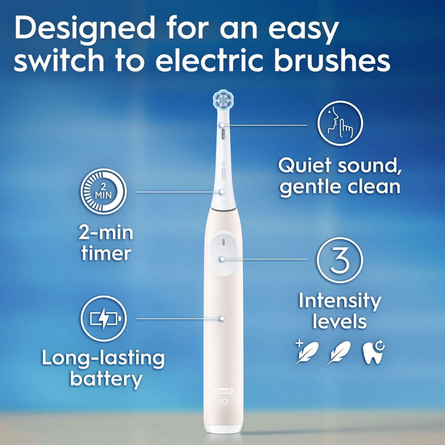 Cepillo eléctrico con temporizador de 2 min, sonido silencioso y 3 niveles de intensidad.