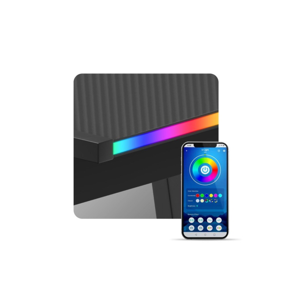 Smartfon wyświetla aplikację do sterowania oświetleniem z kołem kolorów obok krawędzi biurka z oświetleniem RGB.