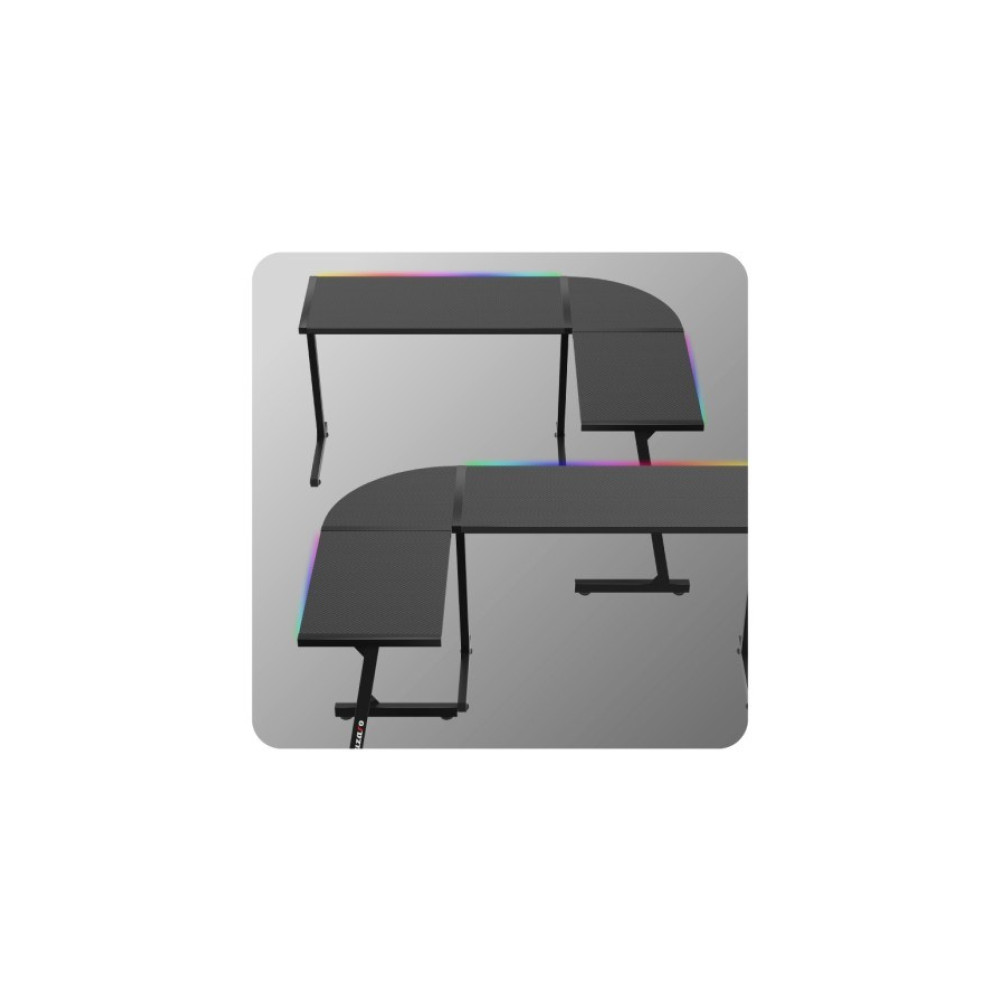 Dwa czarne biurka z oświetleniem RGB i metalowymi nogami.