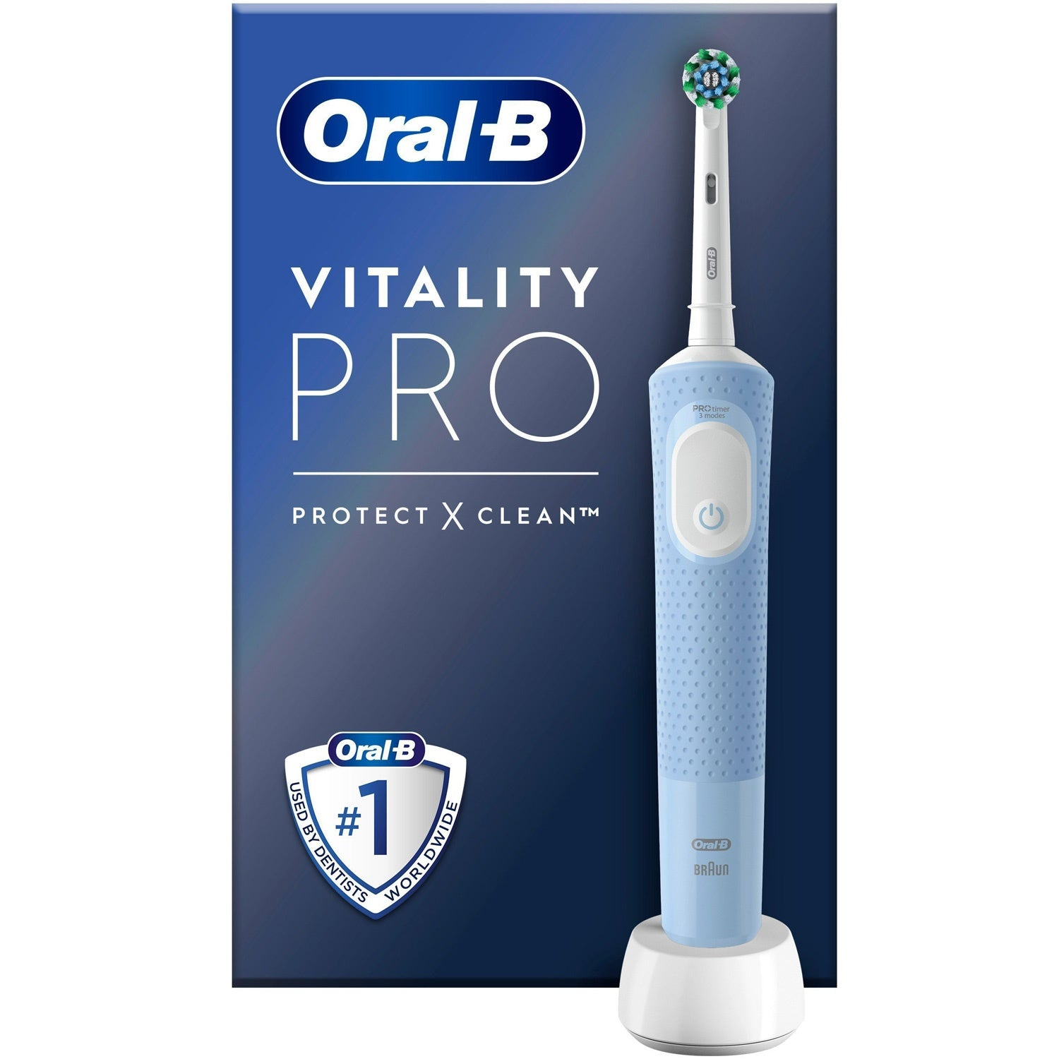 Un cepillo de dientes eléctrico Oral-B Vitality Pro azul claro está sobre una base de carga.