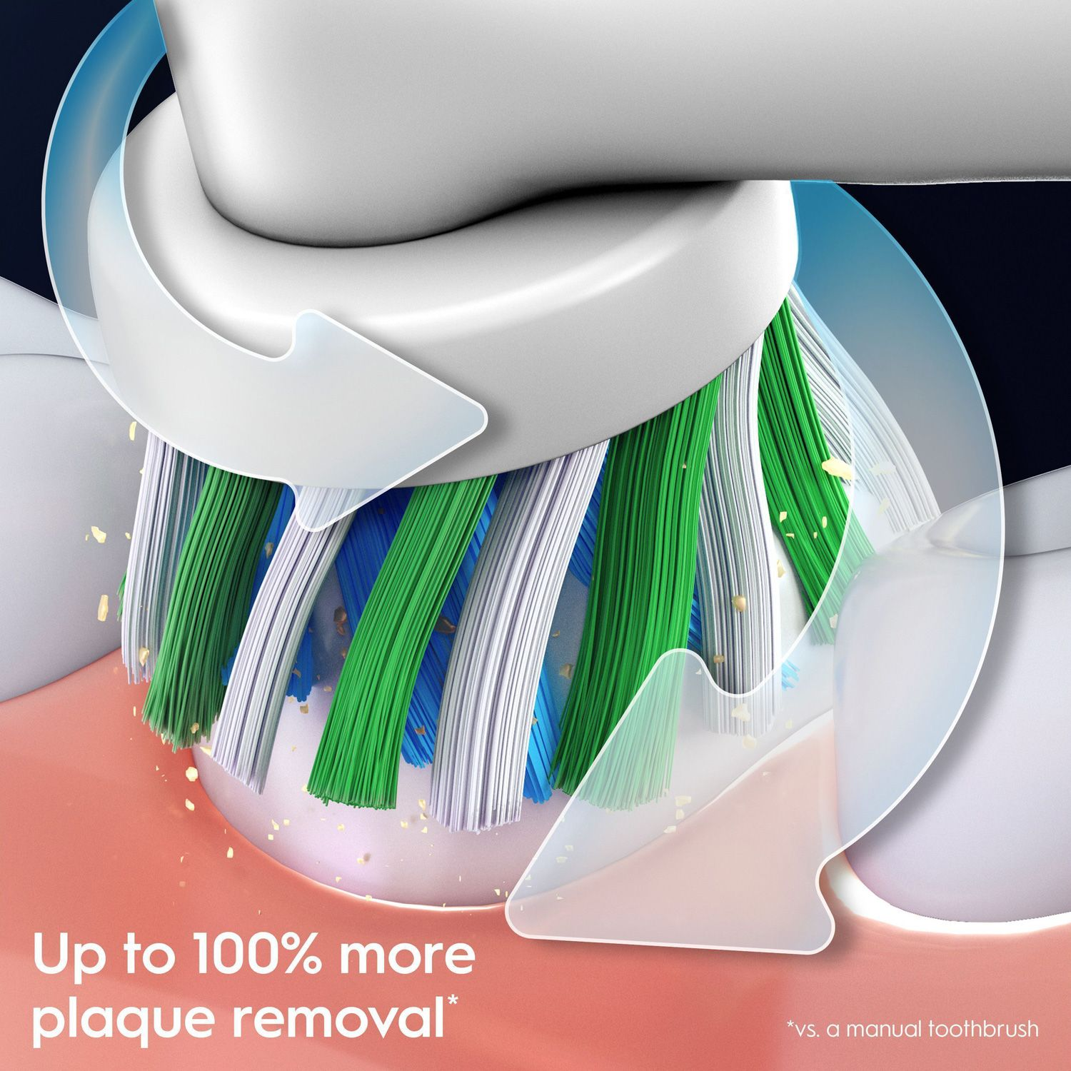 Cepillo de dientes eléctrico con cerdas azules, verdes y blancas limpiando dientes.