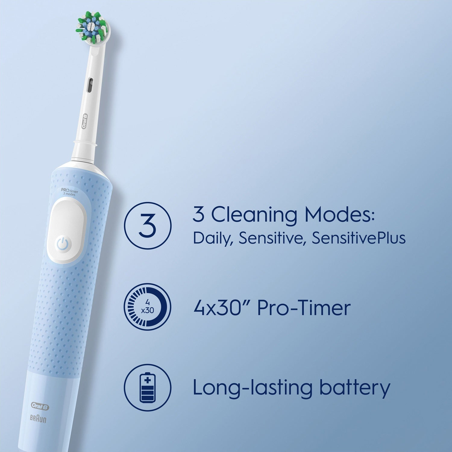 Cepillo de dientes eléctrico azul claro con 3 modos y temporizador.