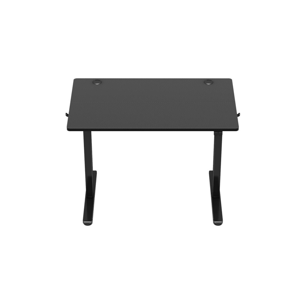 Czarny biurko z dwiema nogami i prostokątnym blatem.