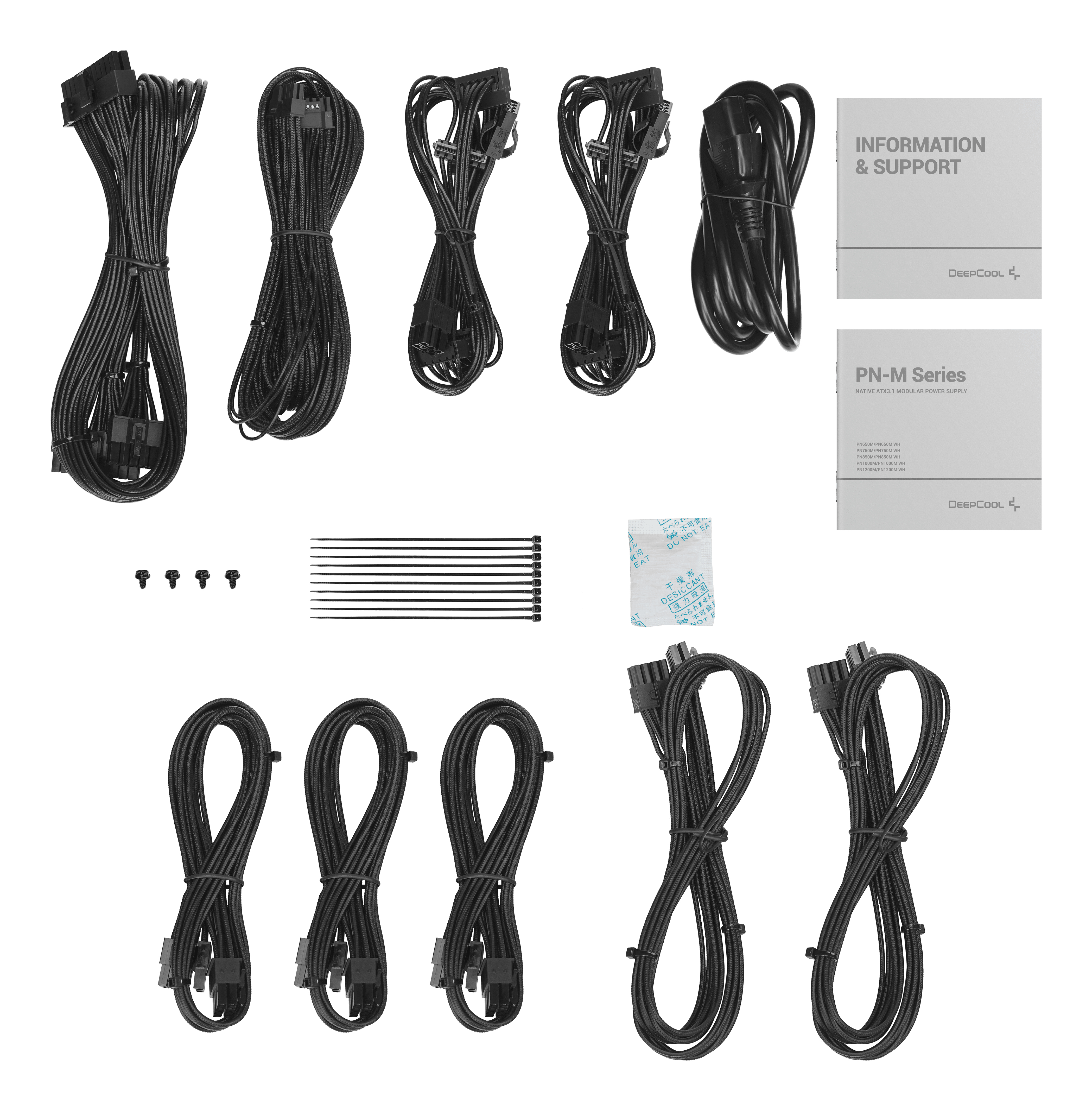 Kable zasilające PC, śruby, opaski kablowe i instrukcje na białym tle.