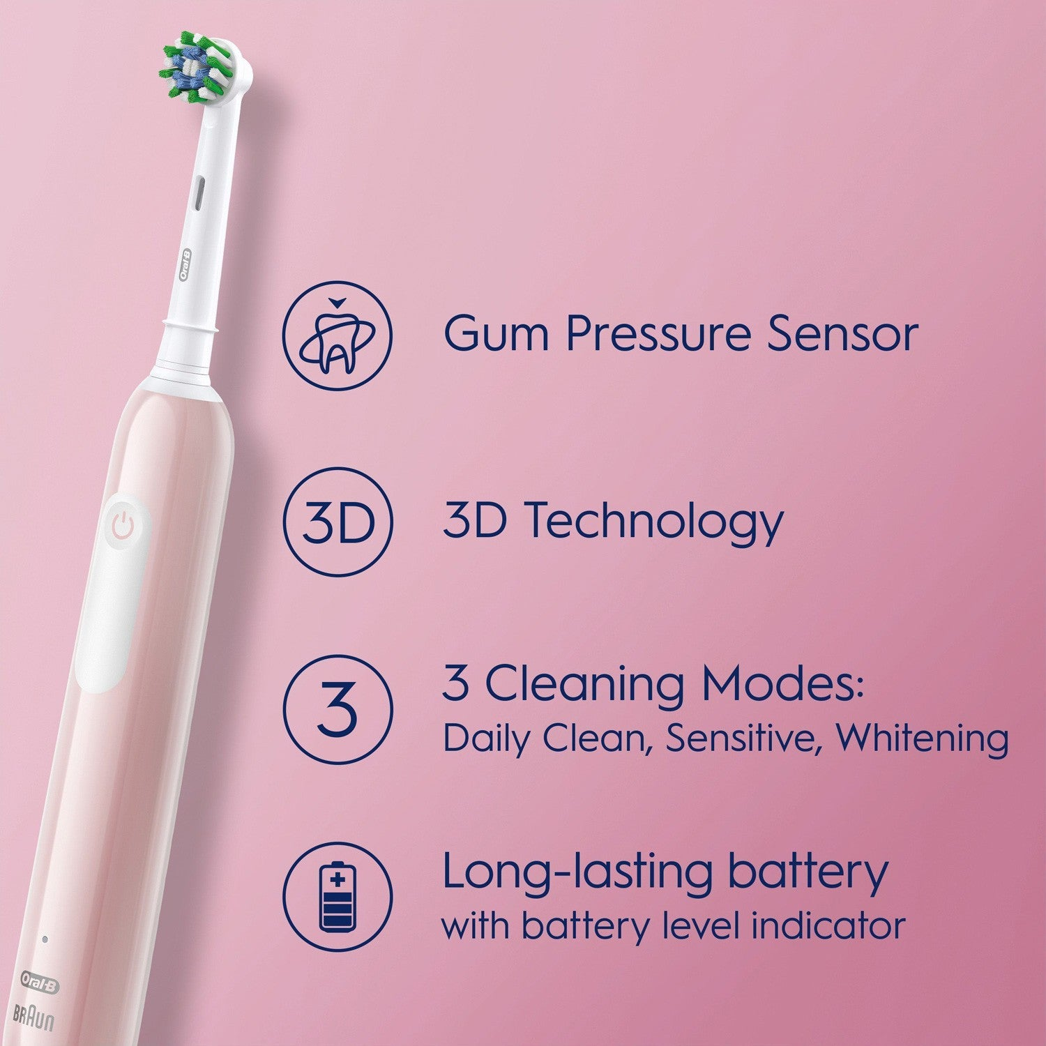 A pink electric toothbrush with blue bristles, showing features and icons.