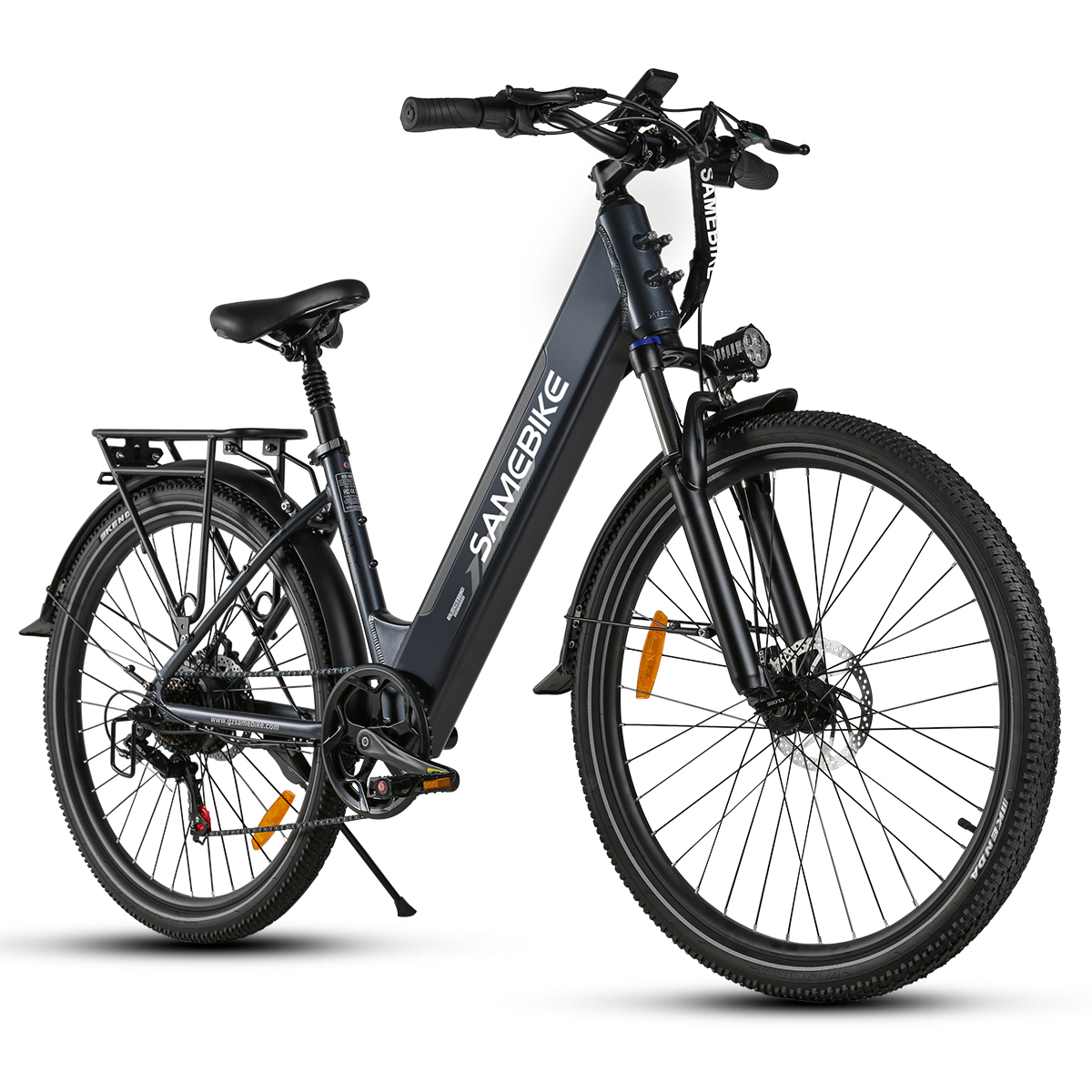 Una bicicletta elettrica grigio scuro con sella e portapacchi neri.