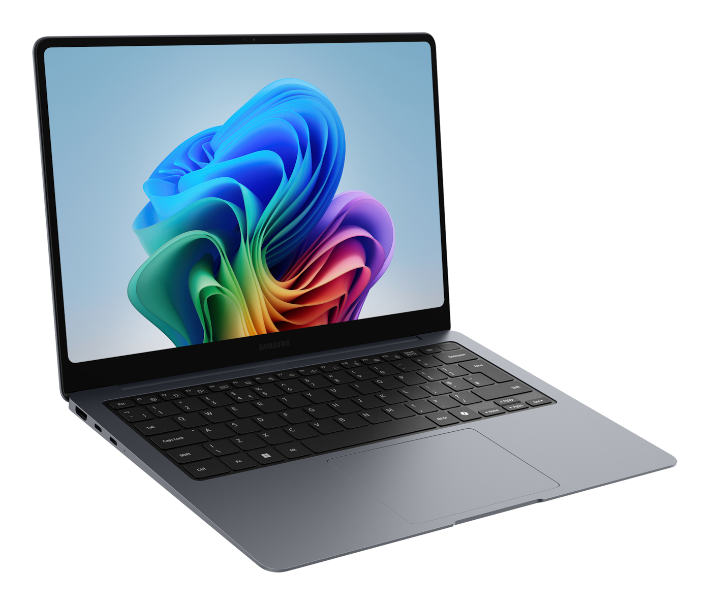Un laptop grigio Samsung visualizza uno sfondo astratto colorato sullo schermo.