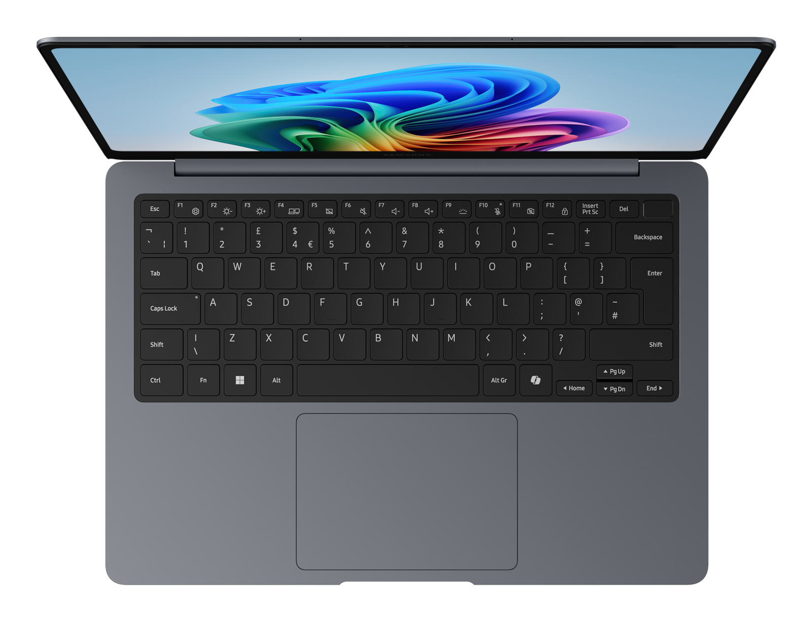 Laptop grigio con schermo aperto che mostra uno sfondo colorato.
