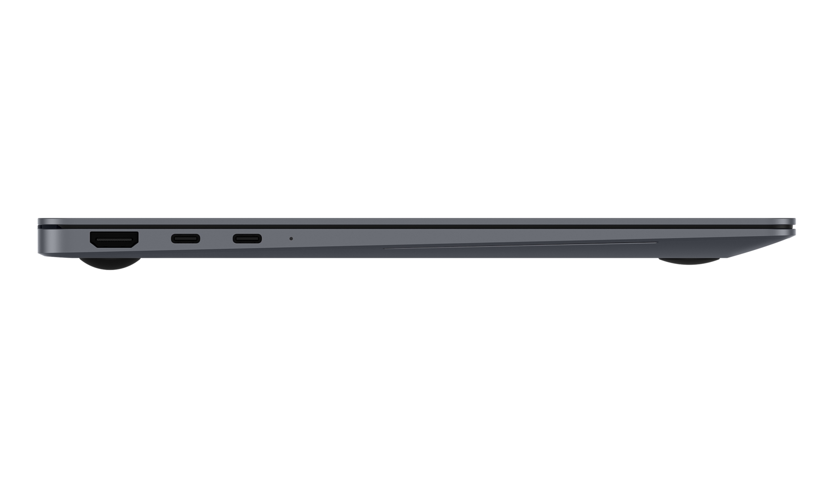 Profilo laptop grigio scuro con HDMI, due porte USB-C e lettore di schede.