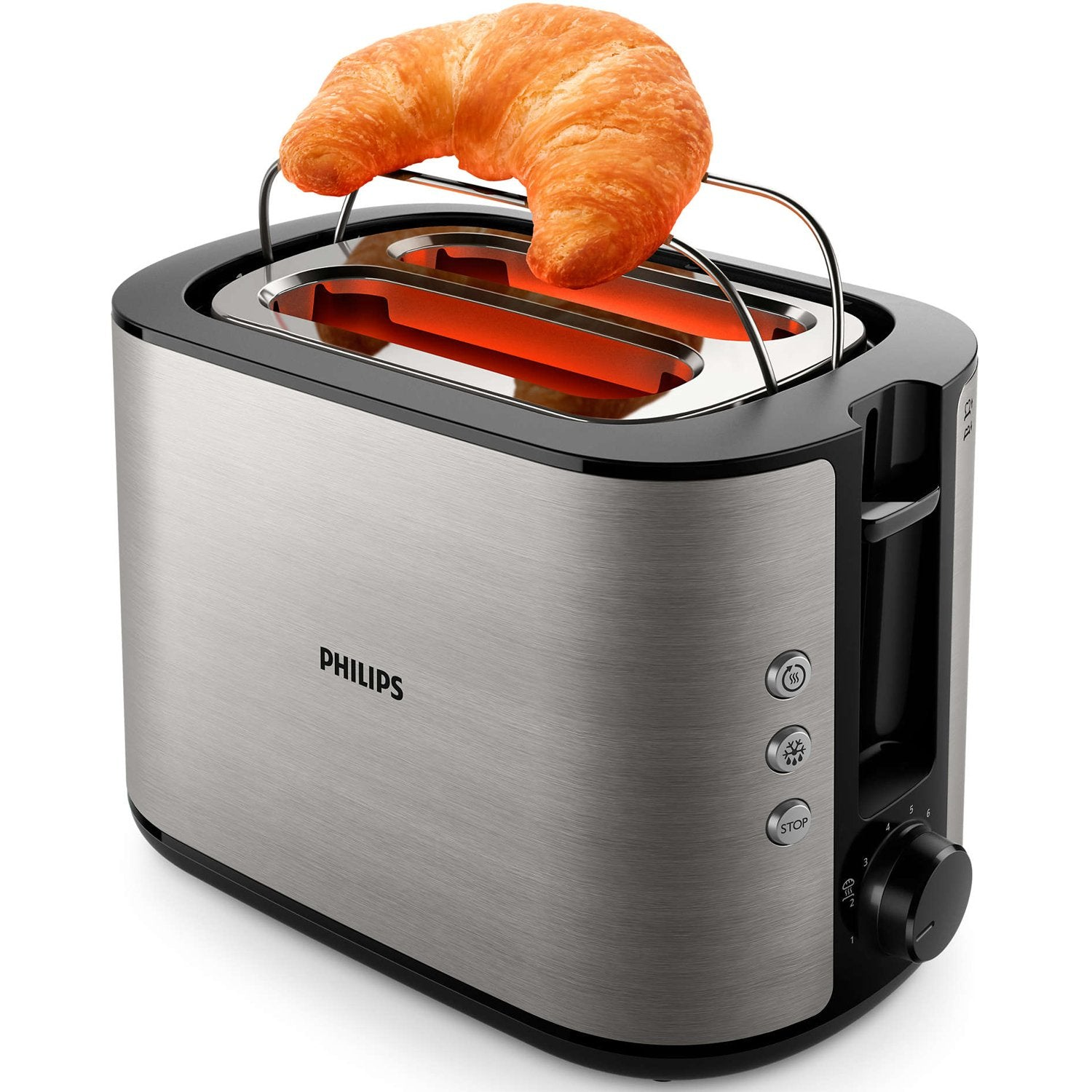Een zilveren Philips broodrooster met een croissant die wordt geroosterd.