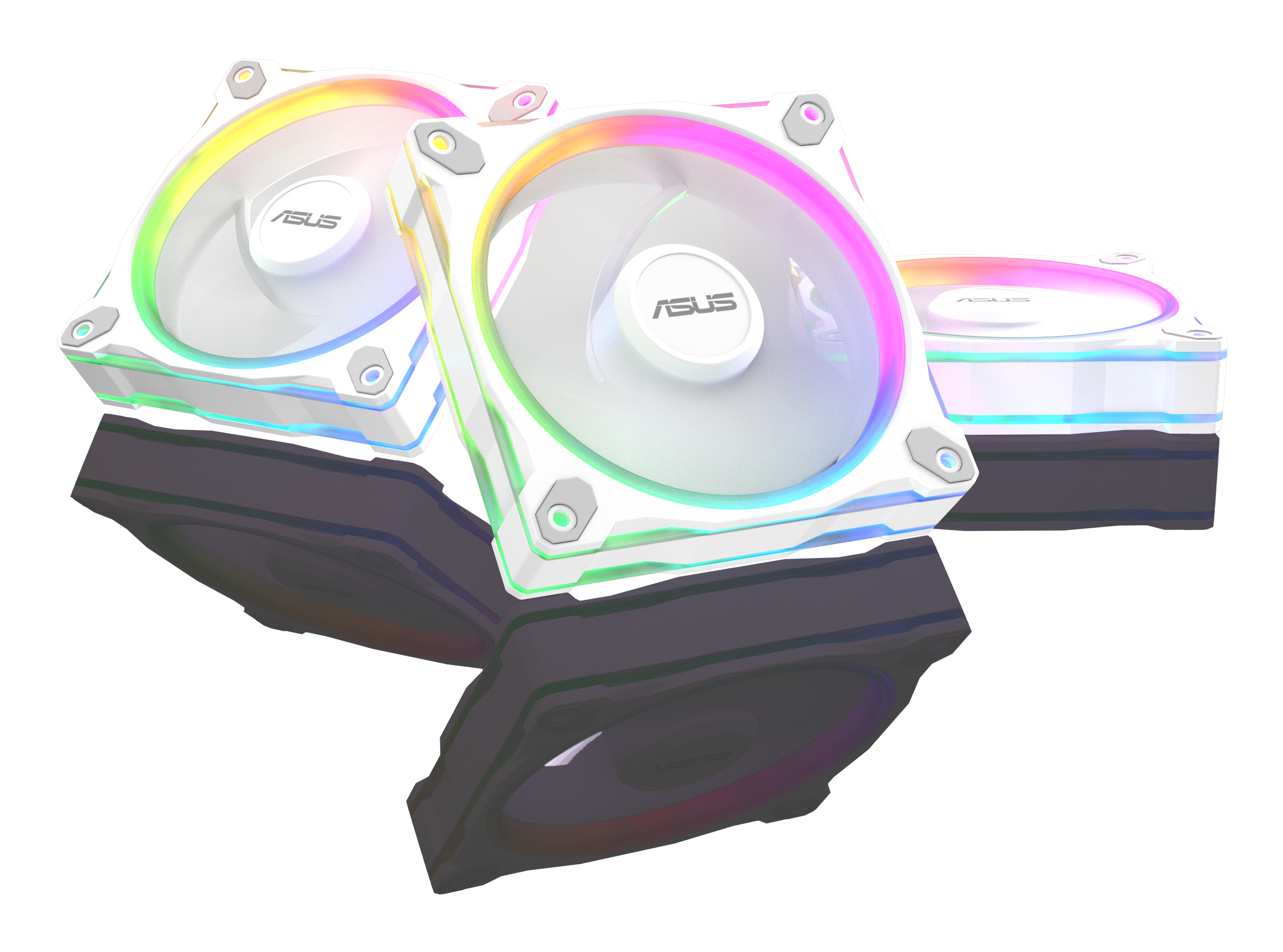 Trzy białe wentylatory ASUS z podświetleniem RGB na ciemnych podstawach.