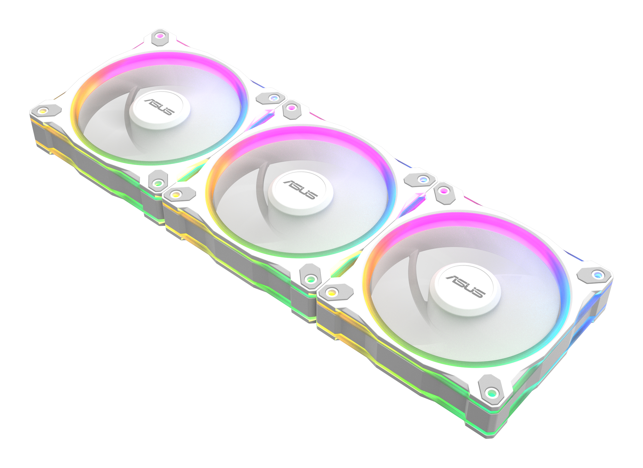Trzy białe wentylatory ASUS obok siebie z podświetleniem RGB.