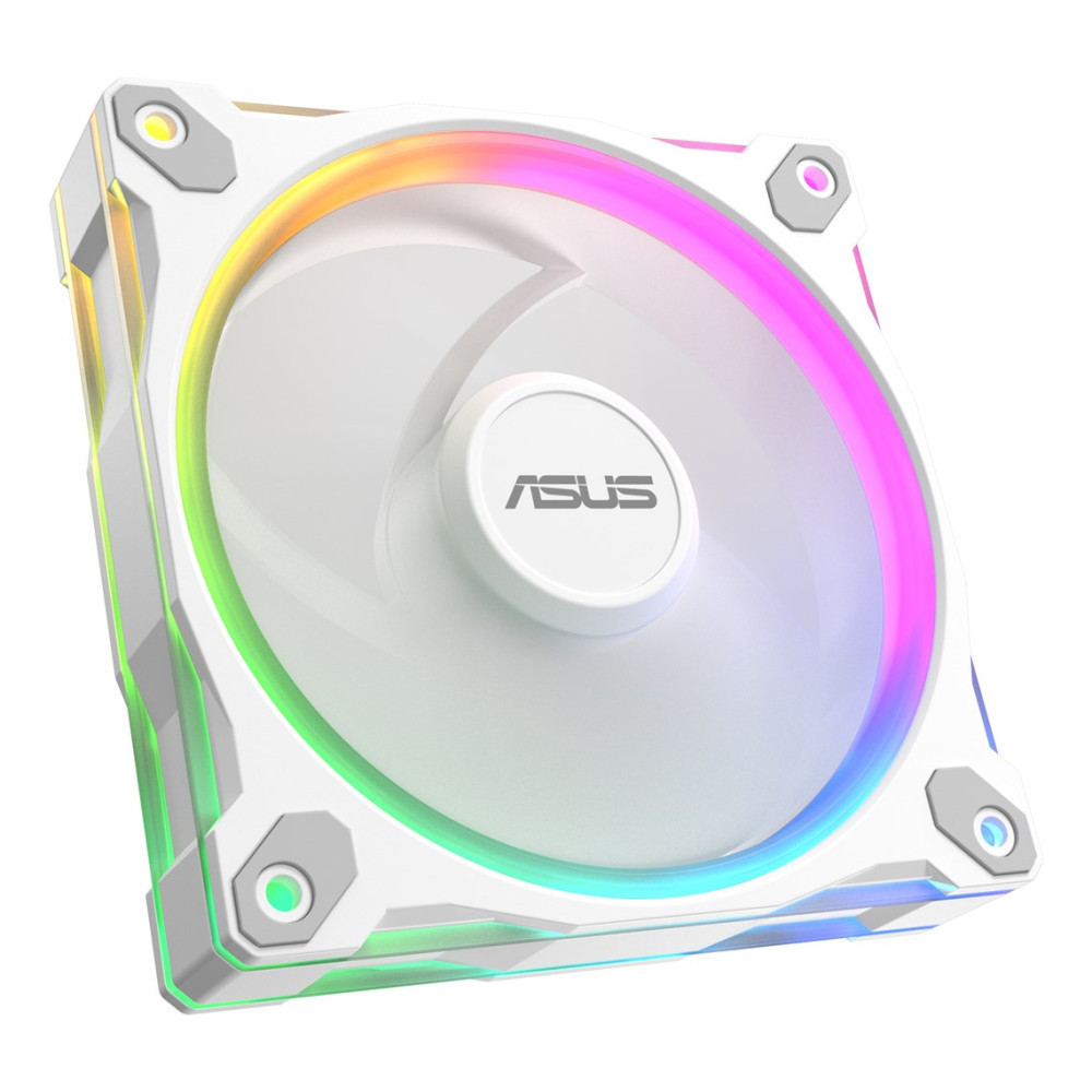 Biały wentylator PC z podświetleniem RGB i logo ASUS.